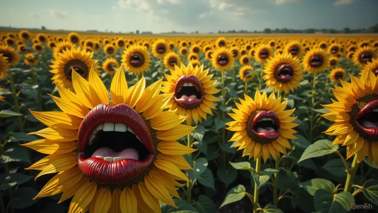 countless surreal sunflowers each with realistic human lips in center,field of sunflowers with detailed texture and veins, multiple large lips with detailed Vertical lip wrinkles replacing flower centers, [red blood vessels visible in lips],  green stems w...