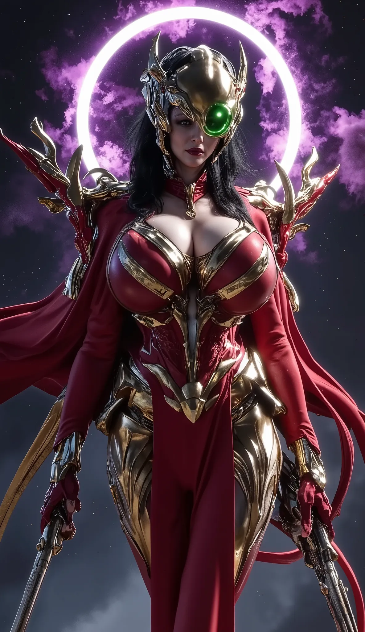 Full body, black hair, a woman with nanosuit carbon like a complete Fierce Armored Beauty in shiny red and gold is on, with green accents and a hint of purple , Futuristic and tough . Mecha half helmet that reaveal her beautiful face , ((there is a large e...