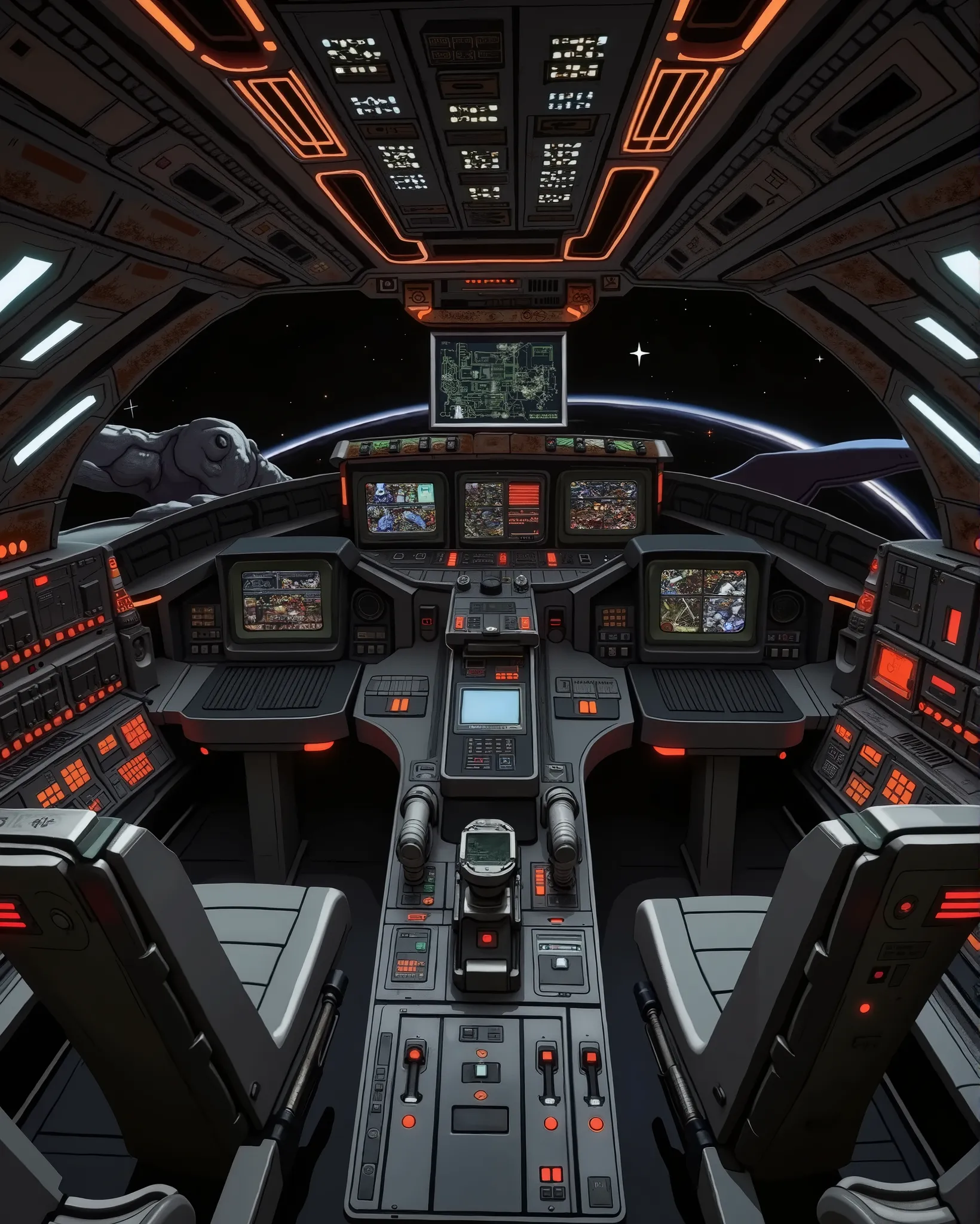Masterpiece, best quality, 90s anime style, flat cel-shading, 3-tone shading, cel animation, no gradients, high resolution, 32k, sharp image.
Interior of the pilot's room of an old, refurbished spaceship. The ship has two pilot chairs, pilot and co-pilot. ...