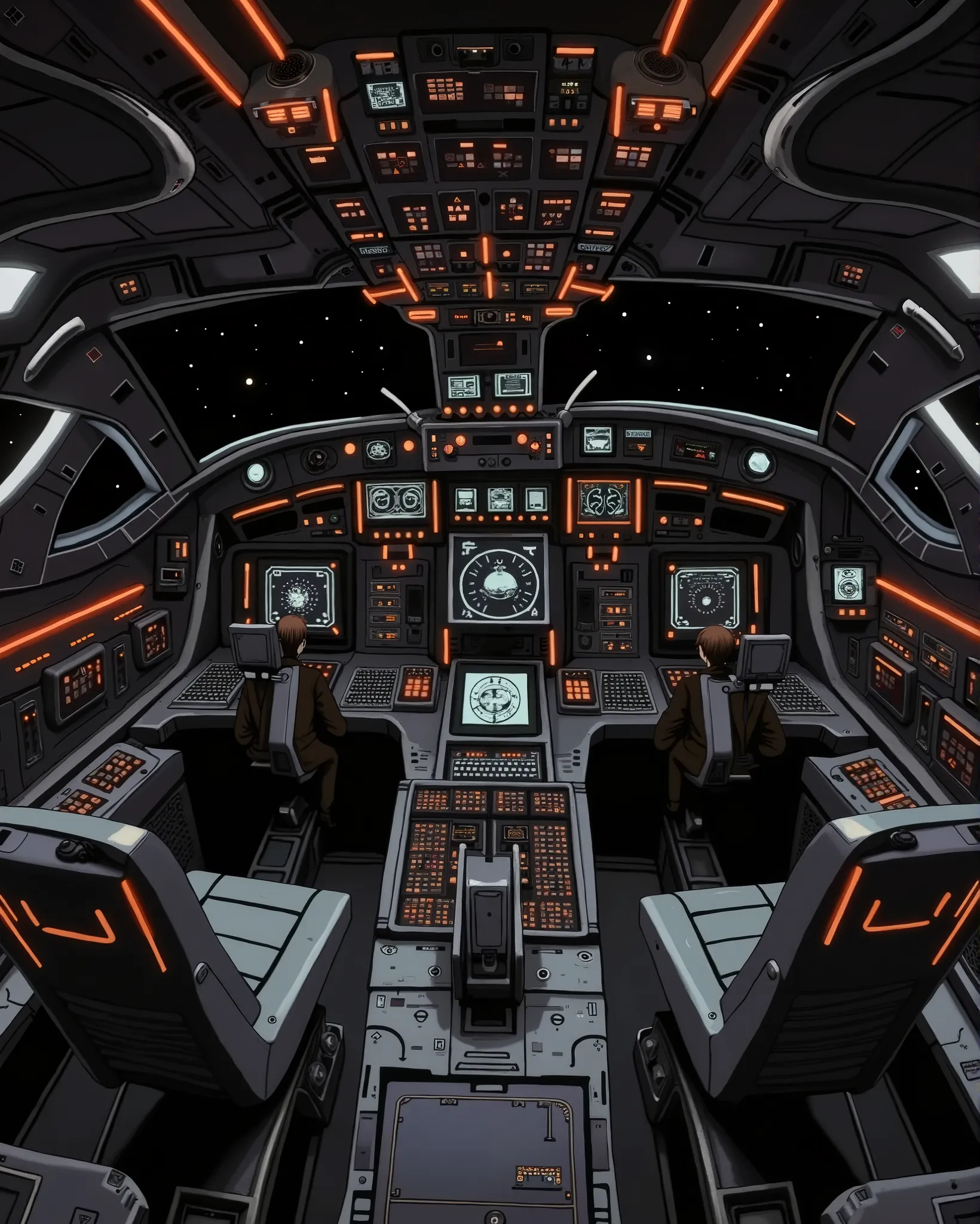 Masterpiece, best quality, 90s anime style, flat cel-shading, 3-tone shading, cel animation, no gradients, high resolution, 32k, sharp image.
Interior of the pilot's room of an old, refurbished spaceship. The ship has two pilot chairs, pilot and co-pilot. ...