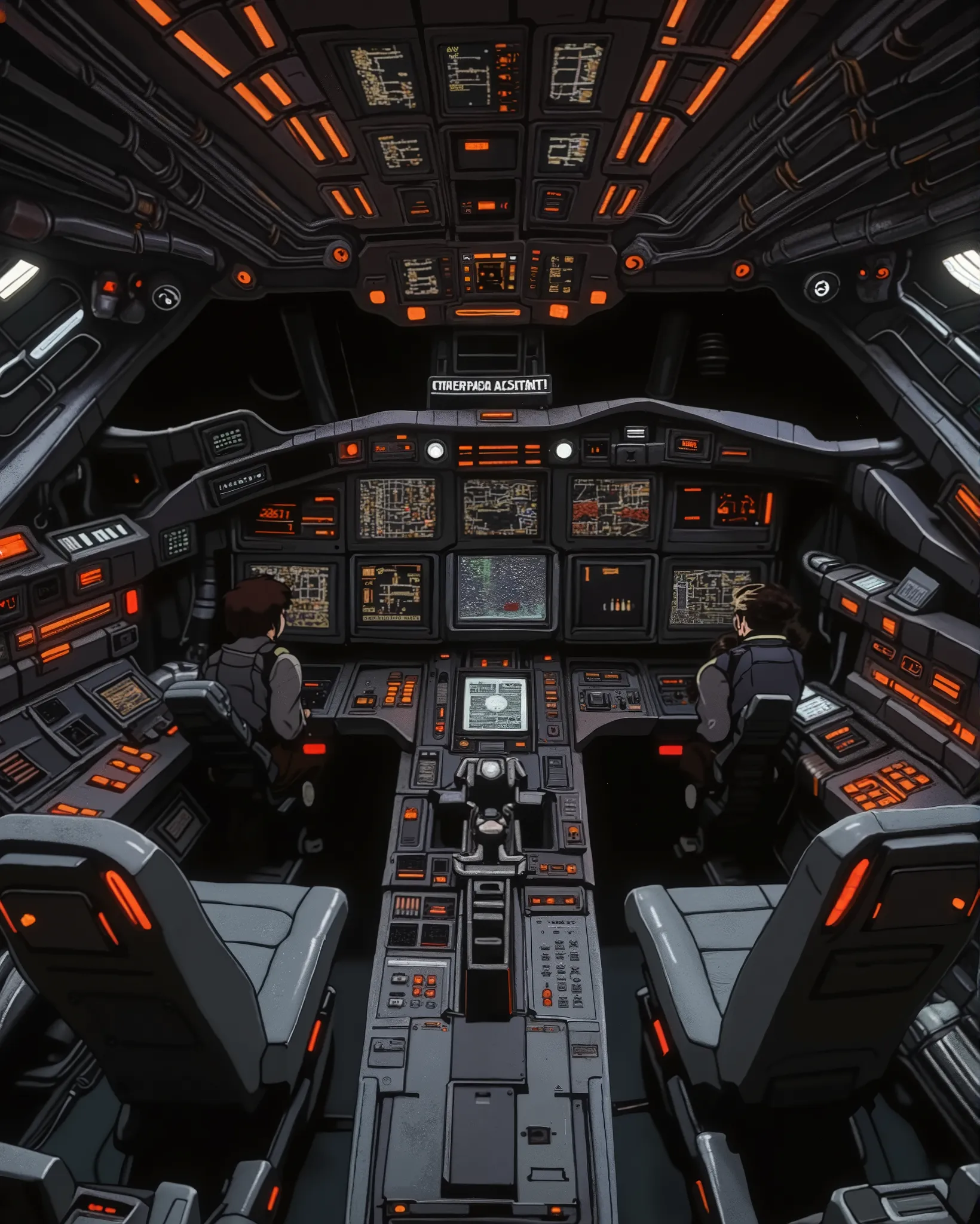 Masterpiece, best quality, 90s anime style, flat cel-shading, 3-tone shading, cel animation, no gradients, high resolution, 32k, sharp image.
Interior of the pilot's room of an old, refurbished spaceship. The ship has two pilot chairs, pilot and co-pilot. ...