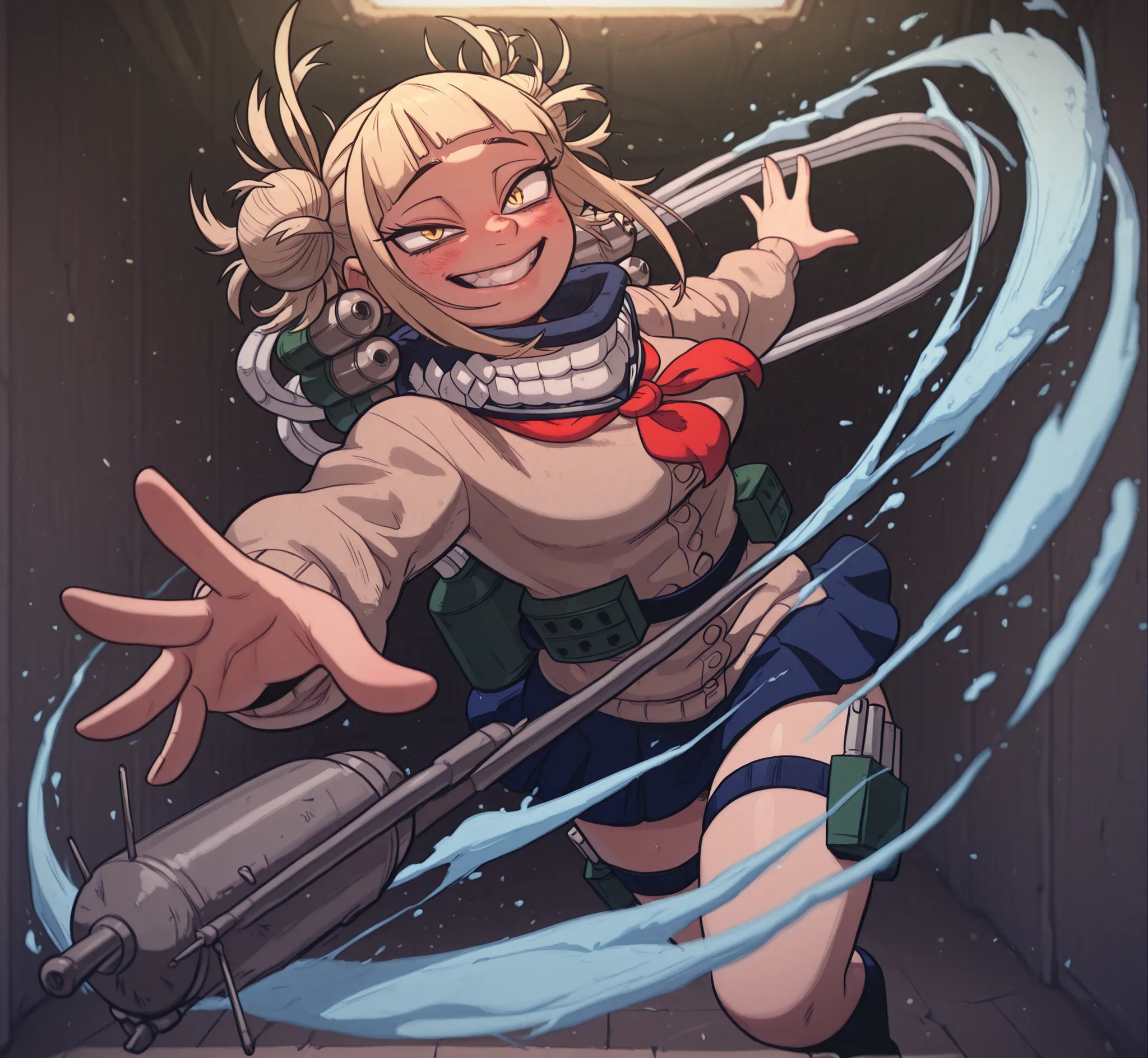 diivstyle, Masterpiece, amazing quality, super high definition, highres, 2.5D, depth of field, perfect rendering, very aesthetic, absurdres, 1 girl, Toga_Himiko, My Hero Academia, yellow_eyes, blonde_hair, double_bun, slit_pupils, messy_hair, medium_hair, ...