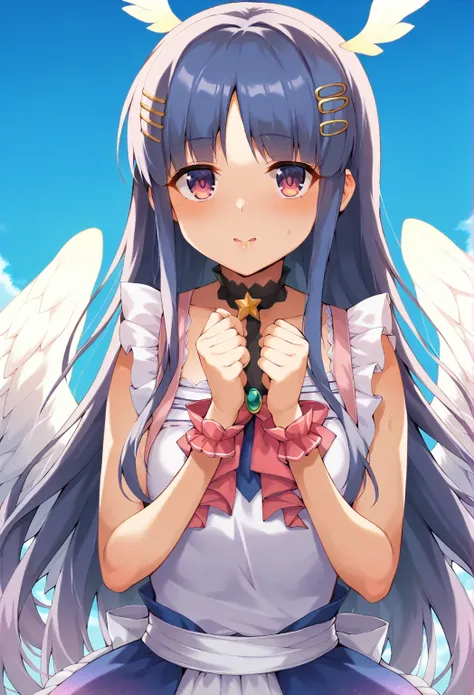 Kyoka adulthood、very long hair、hair clip、Purple Magical Girl、Kaleido Star、fly through the sky、big white wings、Angel Wings、white miniskirt、long boots、Yui Princess、frills、Angel Wingsつきブーツ、goddess、(15 year old girl)、big boobs、big boobs
