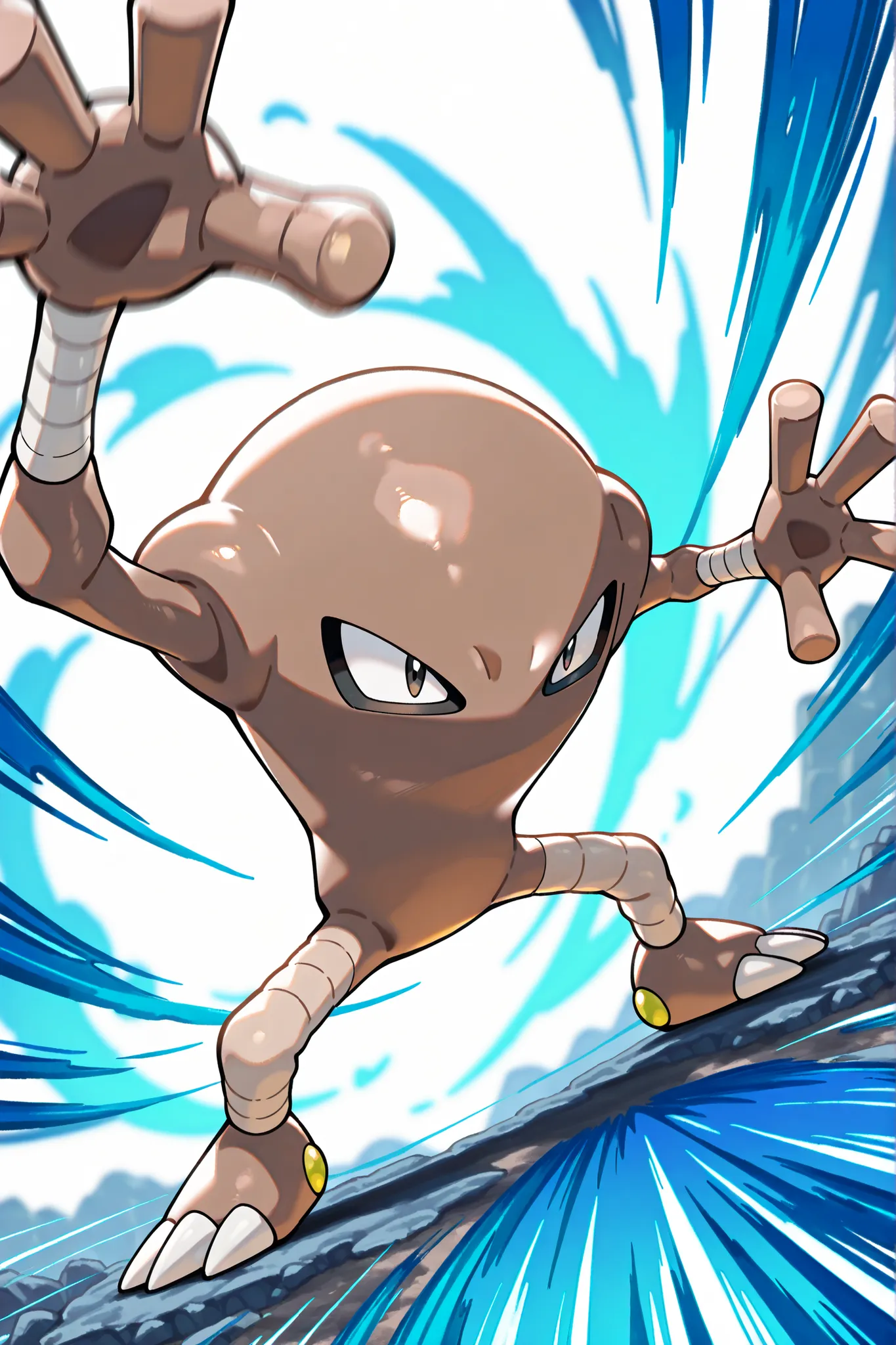 Hitmonlee（Pokemon）。motion blur effect。Dynamic、kick、伸びる片脚, no humans, pokemon 、Hitmonlee、白い段付き足