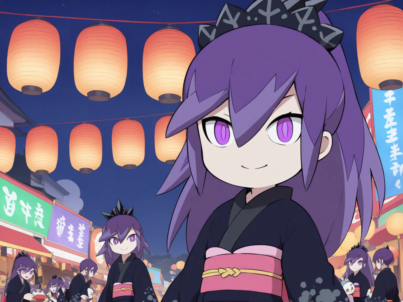 Hyakkihime from Yo-kai Watch、1 woman in the body、Smile Yan、purple hair carrying  purple eyes、black snowflake headdress、Black yukata、pink waist cloth 、Enjoying the summer festival、夜