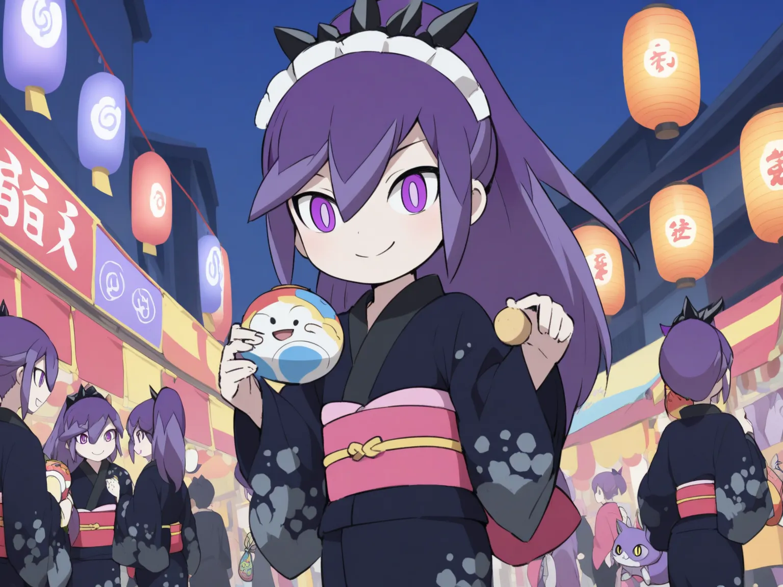 Hyakkihime from Yo-kai Watch、1 woman in the body、Smile Yan、purple hair carrying  purple eyes、black snowflake headdress、Black yukata、pink waist cloth 、Enjoying the summer festival、夜