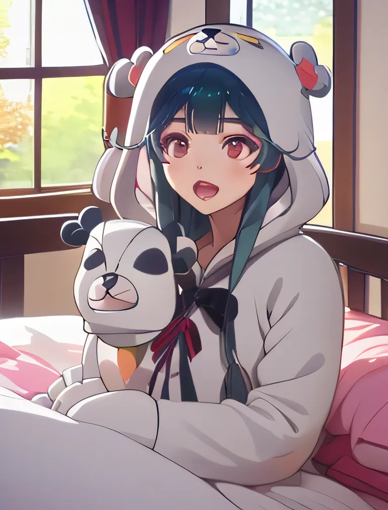 Beautiful girl、Yuna (Bear Bear Bear)、White Bear Costume、fluffy、The strongest bear、Bear House、Bedroom、bed、Waking up、early morning、Morning Awakening 、yawn、Sunlight Pouring Through Window、White bear style in the morning