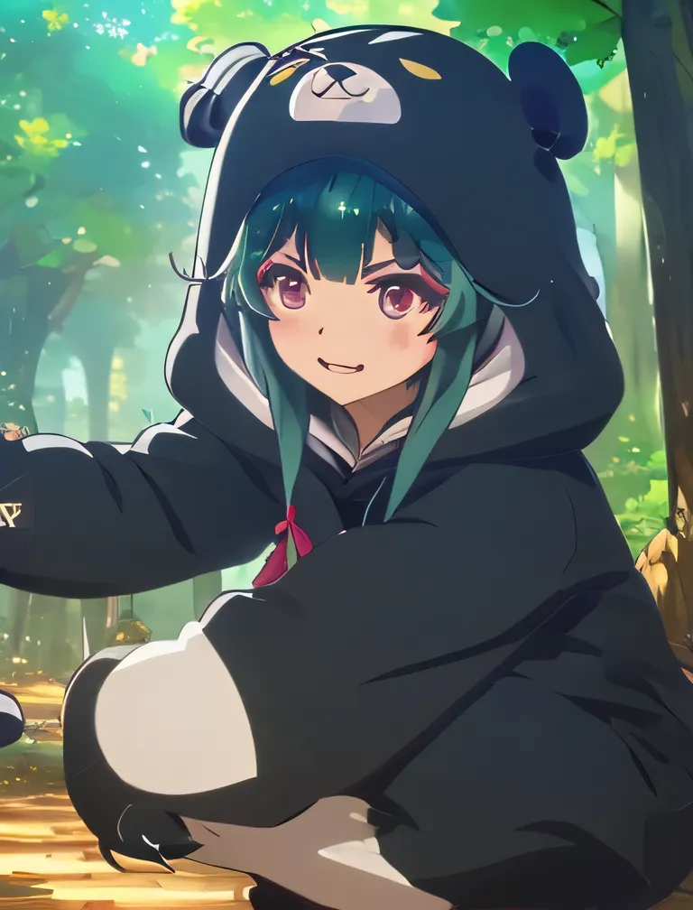 Beautiful girl、Yuna (Bear Bear Bear)、Black bear costume、fluffy、The strongest bear、Adventurer、Forest、Daytime、hunting、bear punch、Black bear style for daytime