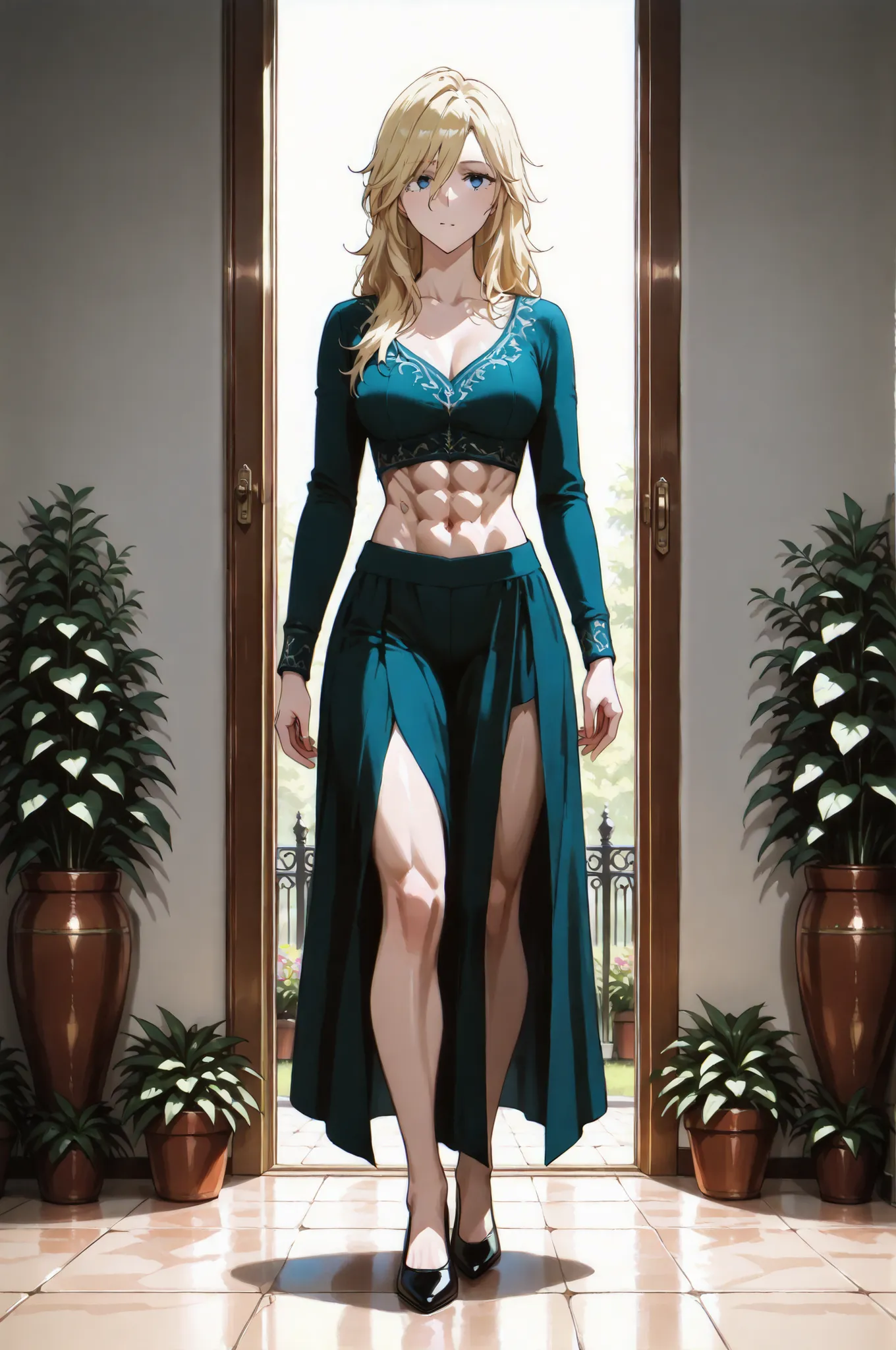 score_9, score_8_up, score_7_up, score_6_up, score_5_up, score_4_up, rating_explicit, illustration, nsfw, mature beautiful woman, Shokolade for jormugand blonde hair, medium breasts, full body, toned body, athletic female figure, medieval noble dress, stan...