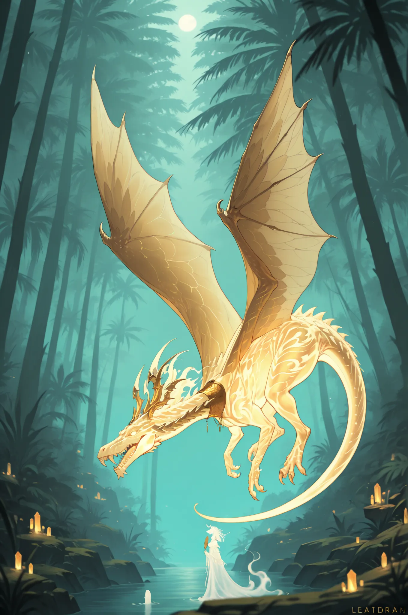 masterpiece, best quality, amazing quality, very aesthetic, high resolution, newest, hyper-detailed, ghost-Dinosaur, ivory and gold, with a sabertooth, leathes wings, fantasy theme, full body fan art, amazing tropical forest background, depth of field 