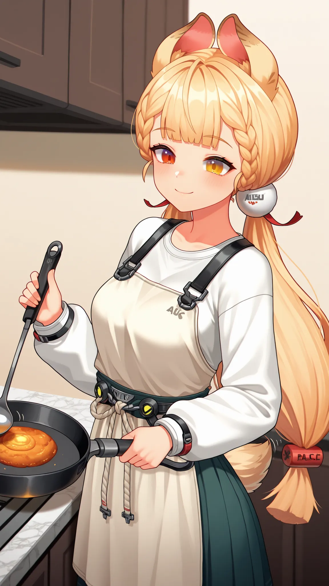 Alice, animal ears, blonde hair, braid, bangs, hair ornament, low twintails, tail,heterochromia,apron over casual clothes, holding a frying pan or ladle, mid-cooking motion, blsuh, Smile