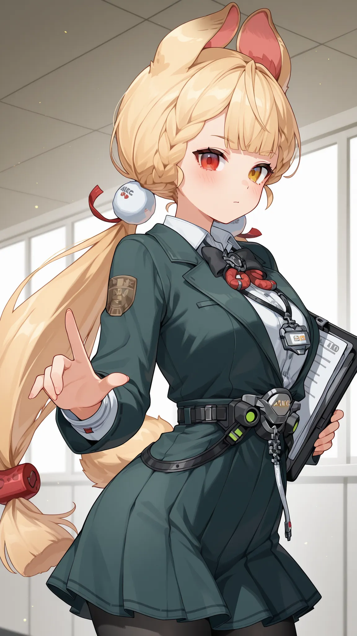 Alice, animal ears, blonde hair, braid, bangs, hair ornament, low twintails, tail,heterochromia,Office Uniform – tight skirt and blazer combo, ID tag, holding a folder or laptop