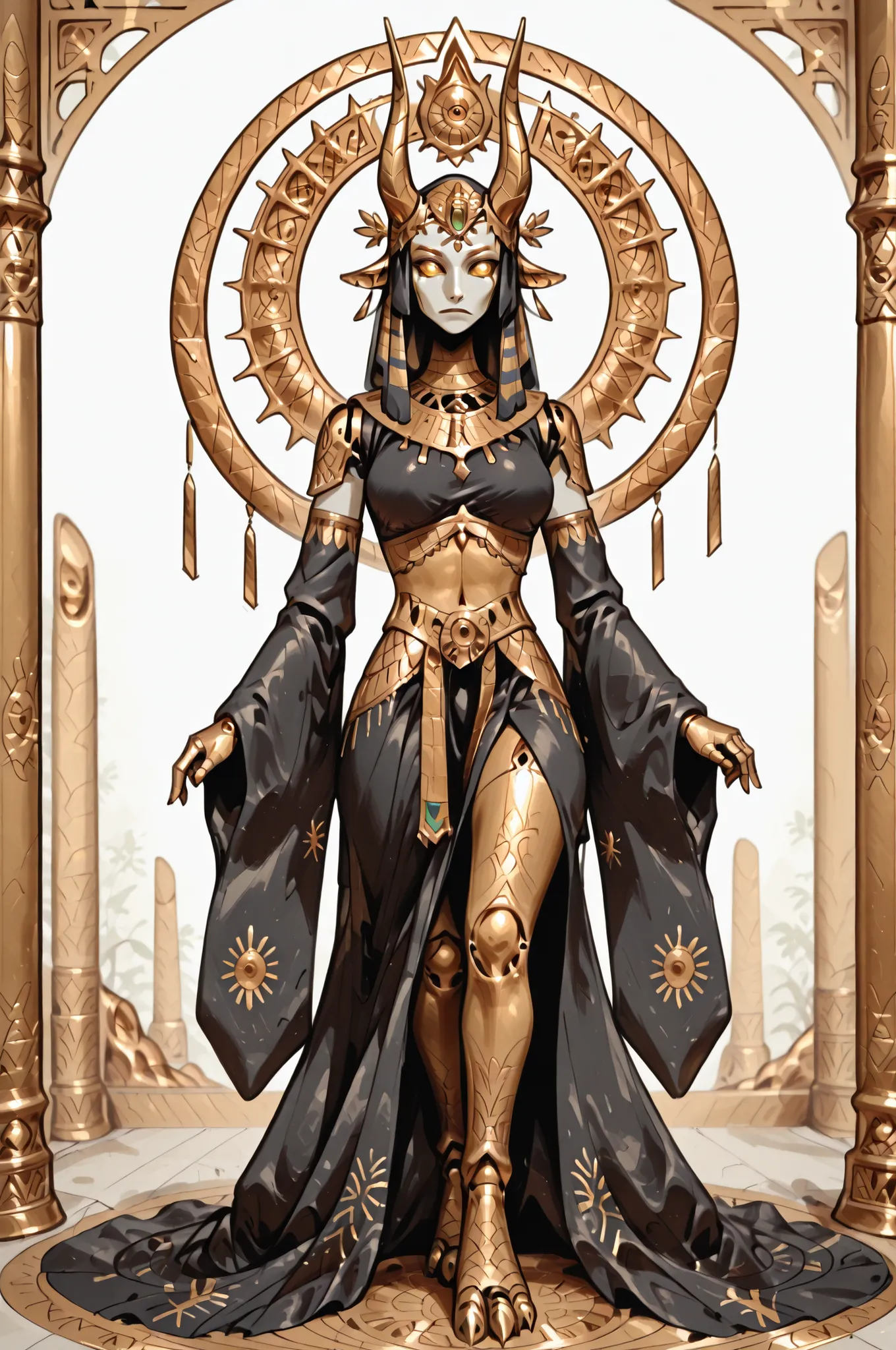 A magnificent and mythical humanoid figure is captured in an intricate and dynamic pose, reminiscent of a futuristic gargoyle or a legendary creature. This character possesses a striking blend of ornate armor and organic features, merging artistry with a s...