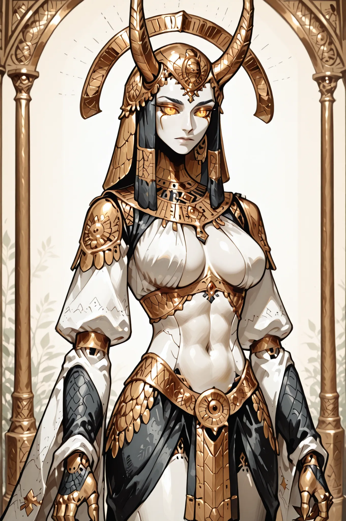 A magnificent and mythical humanoid figure is captured in an intricate and dynamic pose, reminiscent of a futuristic gargoyle or a legendary creature. This character possesses a striking blend of ornate armor and organic features, merging artistry with a s...