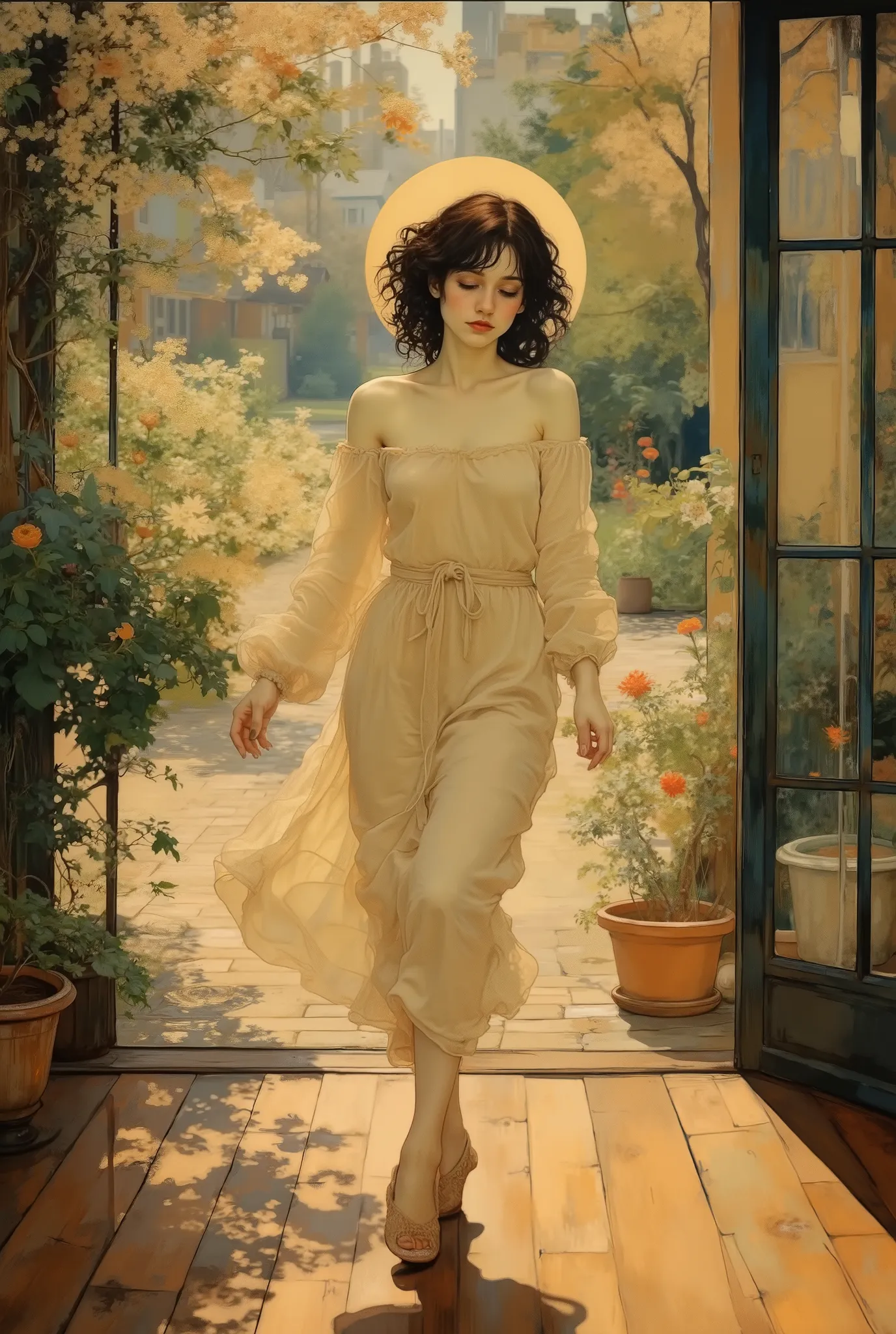 An angelic young woman steps out into the garden early for the morning trash pickup, her hair still uncombed and tousled.
Her hair frames a gently flushed face, tilted slightly to the side.
She dances in the morning sunlight, her seductive yet casually h...