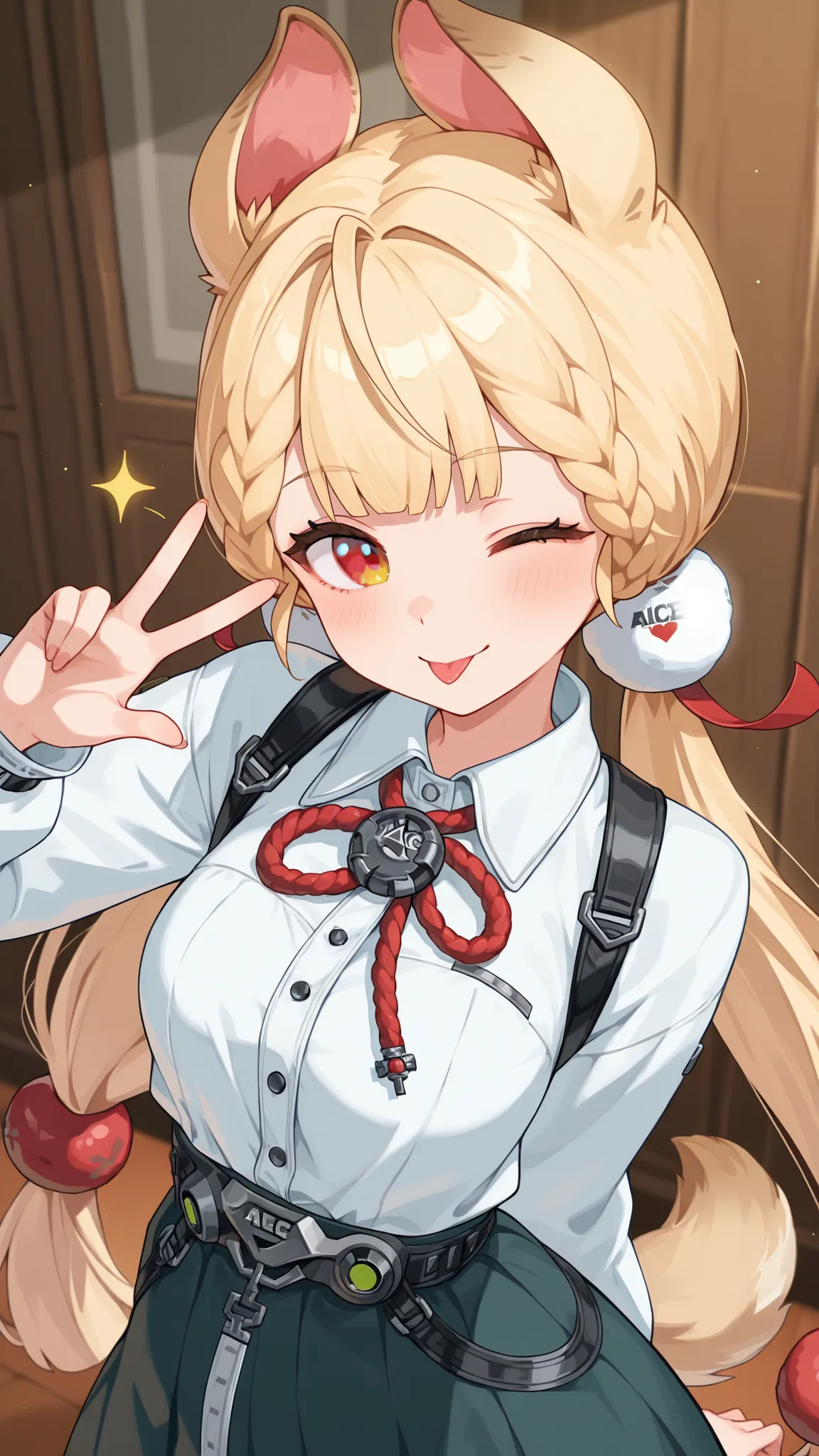 Alice, animal ears, blonde hair, braid, bangs, hair ornament, low twintails, tail,heterochromia,Casual Outfit , Winking with tongue out, peace sign near face