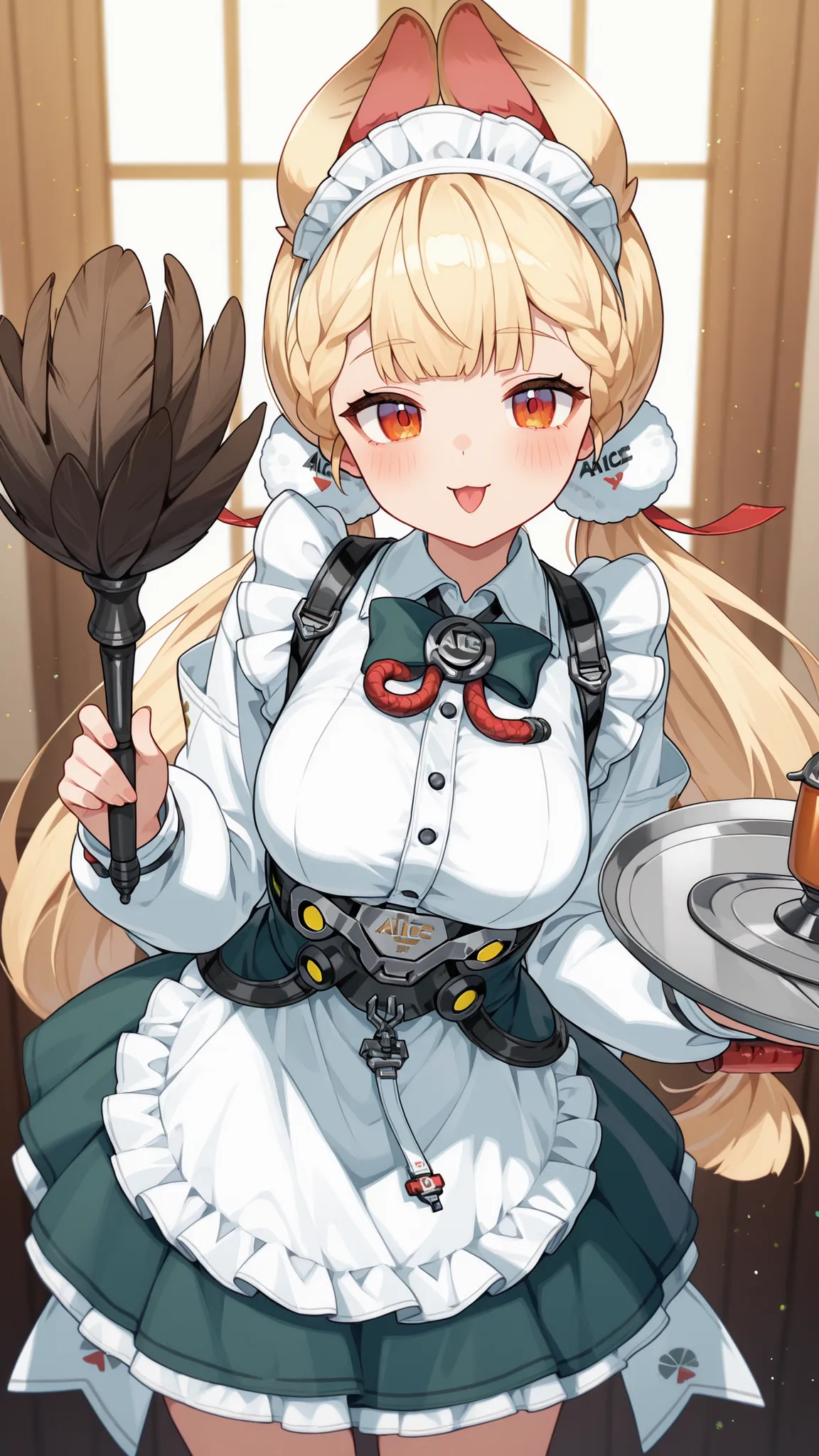 Alice, Cute Maid Uniform – frilly maid dress with headband, holding tray or feather duster, playful expression