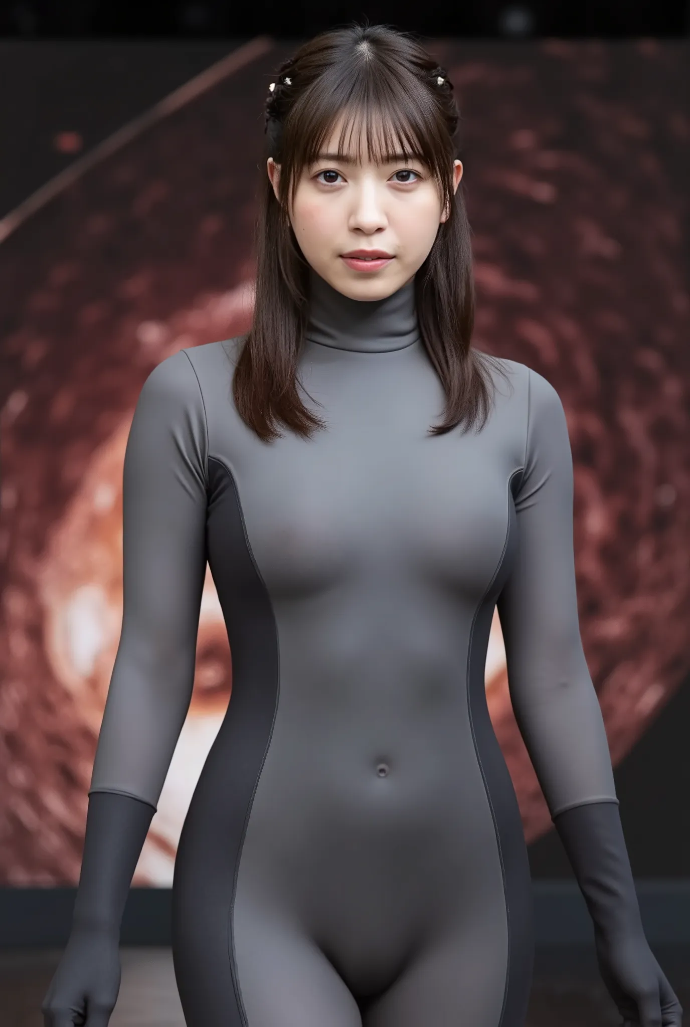 best quality, masterpiece,  pretty Japanese mature woman named rio hikarunagi nanase, a photo of Kotone, wearing light gray wetsuit, long sleeves, long pants, small breast, flat chest, serious expression, looking at viewer, cowboy shot, horizontal angle, m...