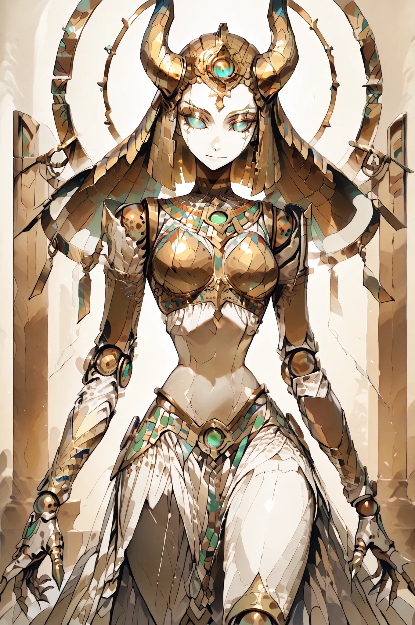 A magnificent and mythical humanoid figure is captured in an intricate and dynamic pose, reminiscent of a futuristic gargoyle or a legendary creature. This character possesses a striking blend of ornate armor and organic features, merging artistry with a s...