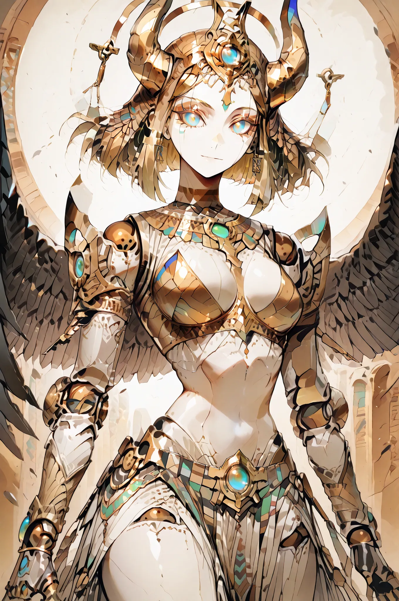 A magnificent and mythical humanoid figure is captured in an intricate and dynamic pose, reminiscent of a futuristic gargoyle or a legendary creature. This character possesses a striking blend of ornate armor and organic features, merging artistry with a s...