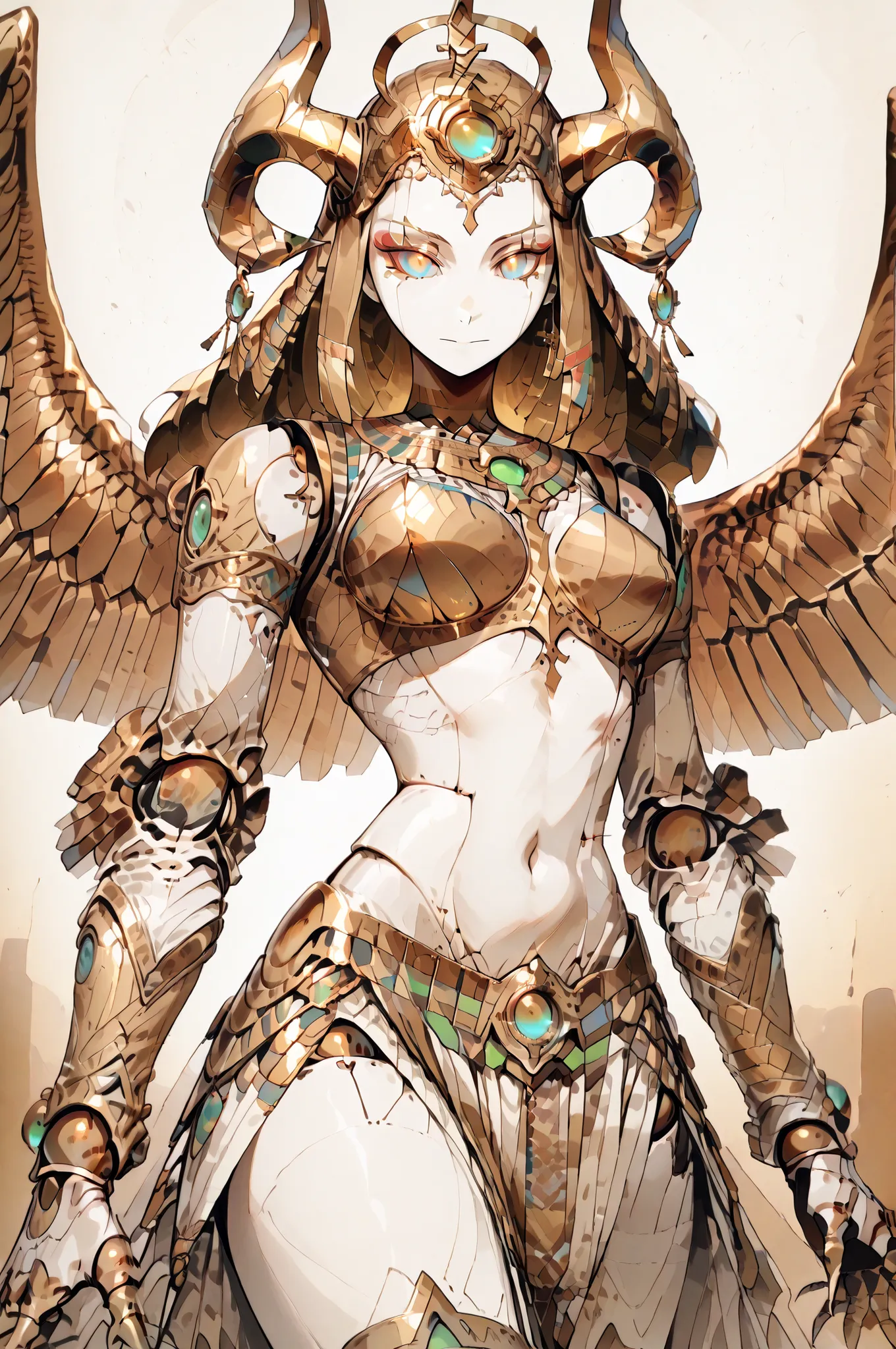 A magnificent and mythical humanoid figure is captured in an intricate and dynamic pose, reminiscent of a futuristic gargoyle or a legendary creature. This character possesses a striking blend of ornate armor and organic features, merging artistry with a s...