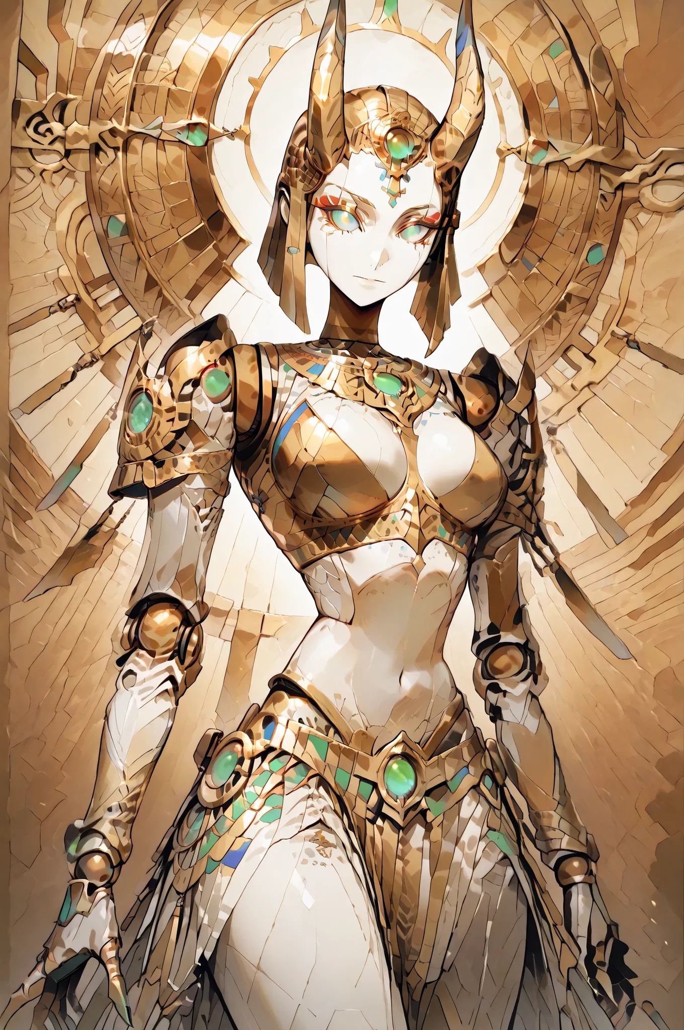 A magnificent and mythical humanoid figure is captured in an intricate and dynamic pose, reminiscent of a futuristic gargoyle or a legendary creature. This character possesses a striking blend of ornate armor and organic features, merging artistry with a s...