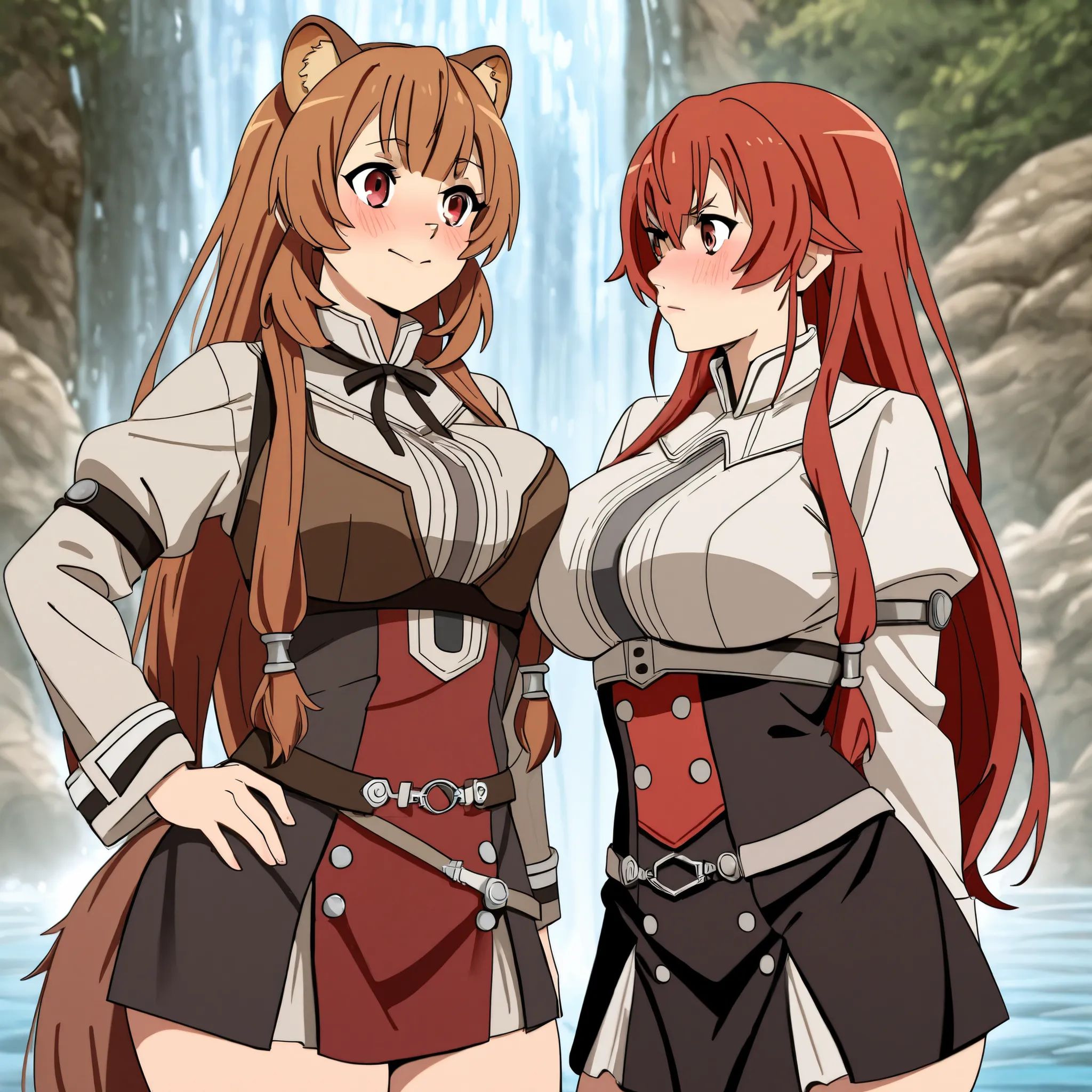 two women 1° Eris greyrat ( Red hair and red eyes) by Mushoku Tensei ,confident,   blush, 2nd Raphtalia, confident , curvy figure and big breasts, bikin , background of a waterfall. two women. high quality. HD. Face-to-Face Looks.