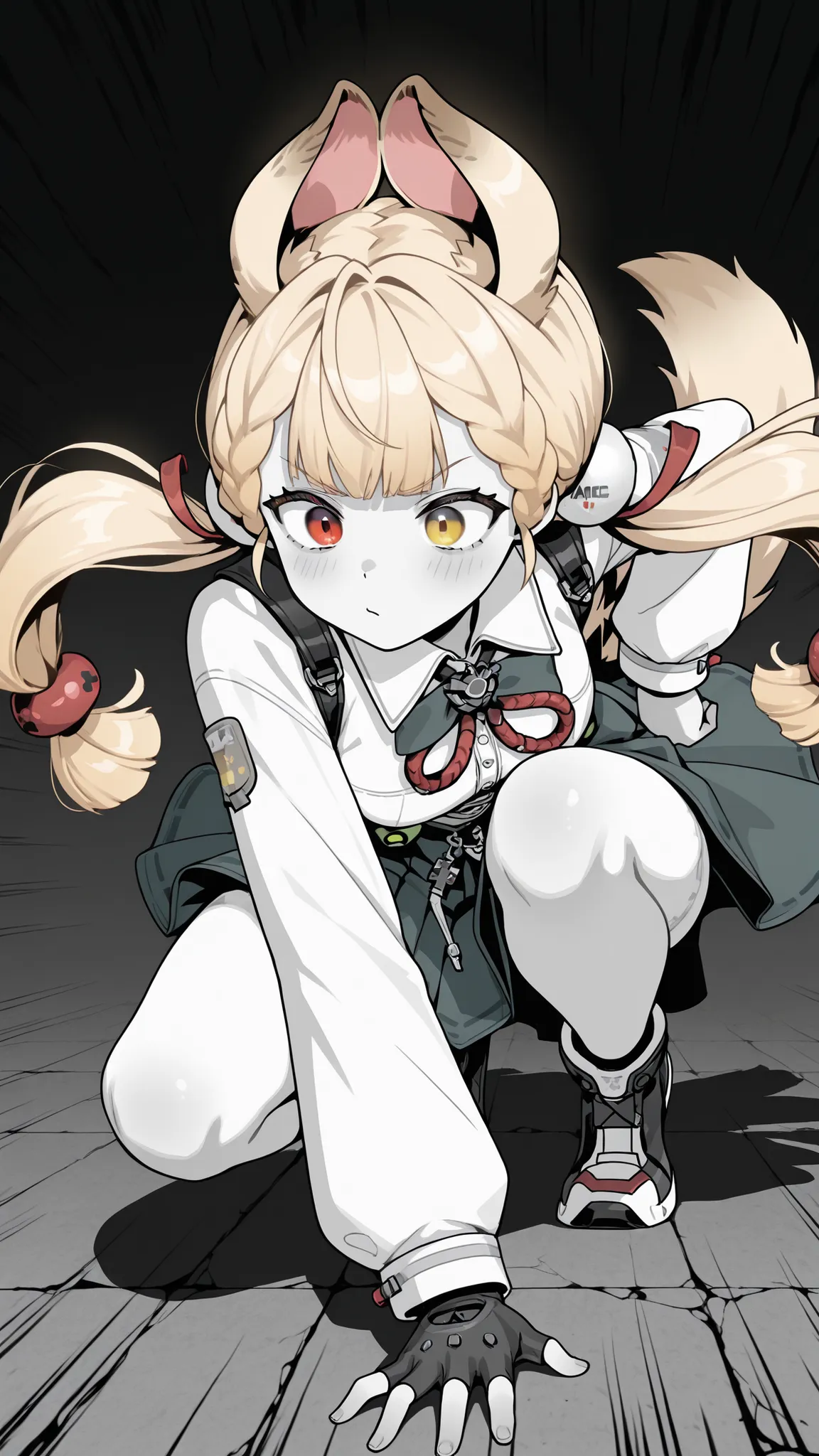 Alice, animal ears, blonde hair, braid, bangs, hair ornament, low twintails, tail,heterochromia, Ambush Attack Pose – crouching or lunging forward, intense eyes, one hand ready to strike, greyscale