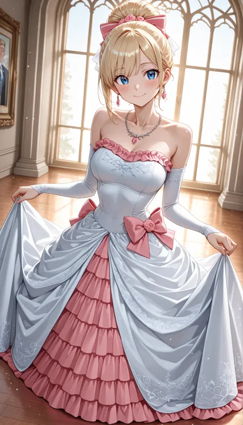 (pretty girl : 1.3),1 girl, 18 years old, bride,(blue shiny dress, pink ruffle skirt , wedding bow),  blonde, high hairstyle, Smile Ian, blush luminescence art, expensive neck and ear jewelry, world, Прекрасный world городского парка , dynamic angle, maste...