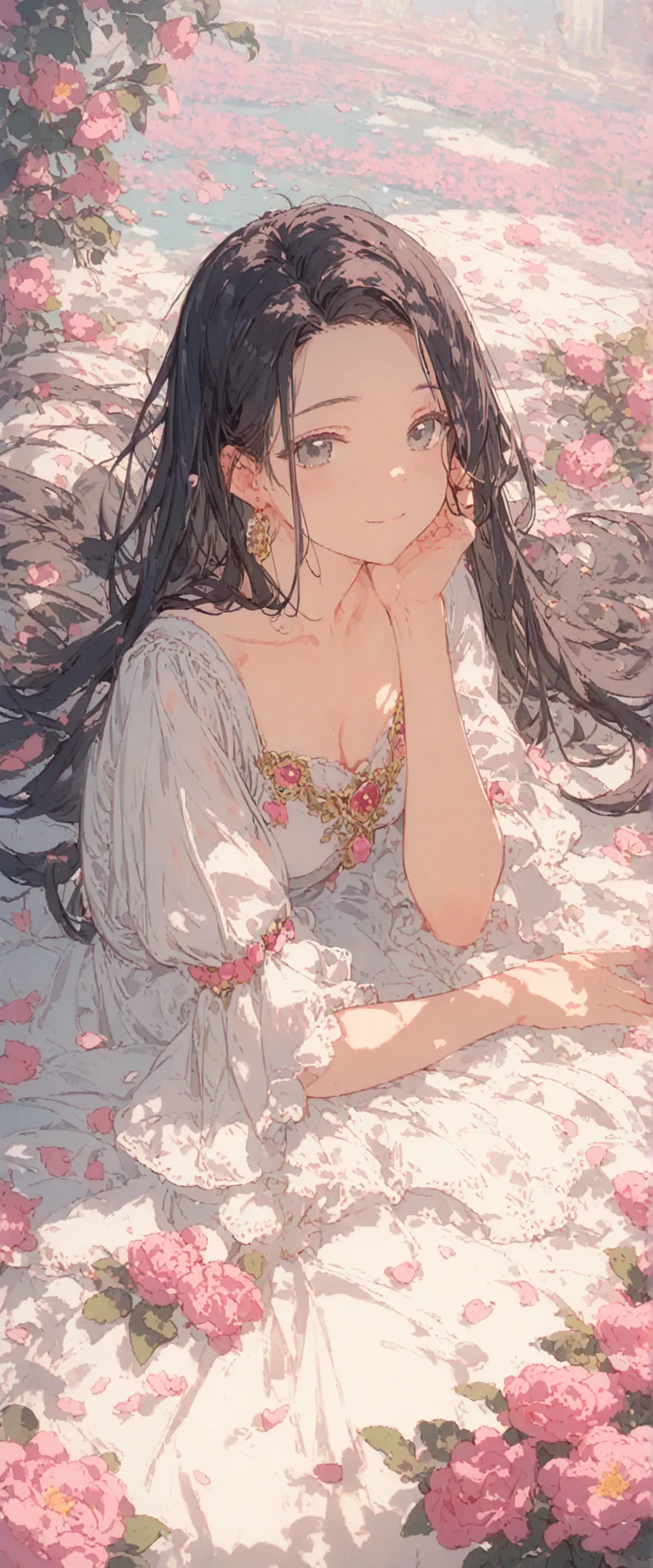 ((top quality)), ((masterpiece)), (detail), perfect face, cute girl, There are pink petals around,black hair,gray eyes