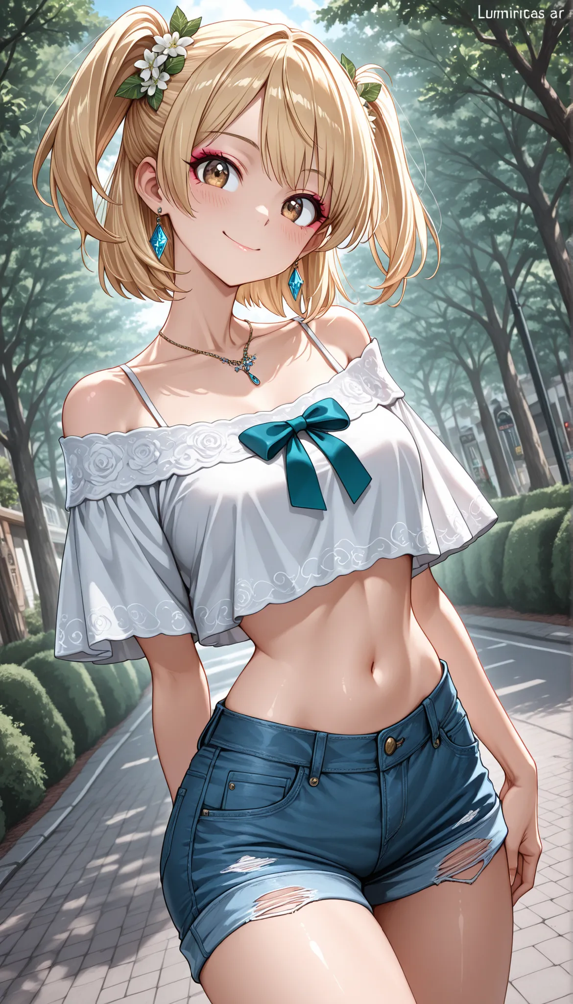 (pretty girl : 1.3),1 girl, 18 years old, bride,(bright cropped top, short denim shorts , street bow),  blonde, two side tails, medium-sized chest, décolleté, Smile Ian, blush, makeup, luminescence art, expensive neck and ear jewelry, world, Прекрасный wor...