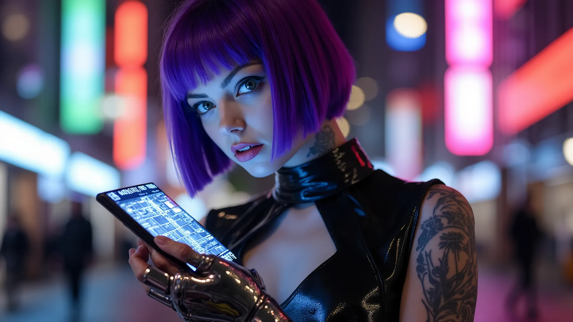 In a dimly lit urban environment, the full-body portrait captures a striking woman poised against the backdrop of a bustling cyberpunk city. Her vibrant purple bob frames a fierce expression, with full lips that draw attention to her confidence. The compos...