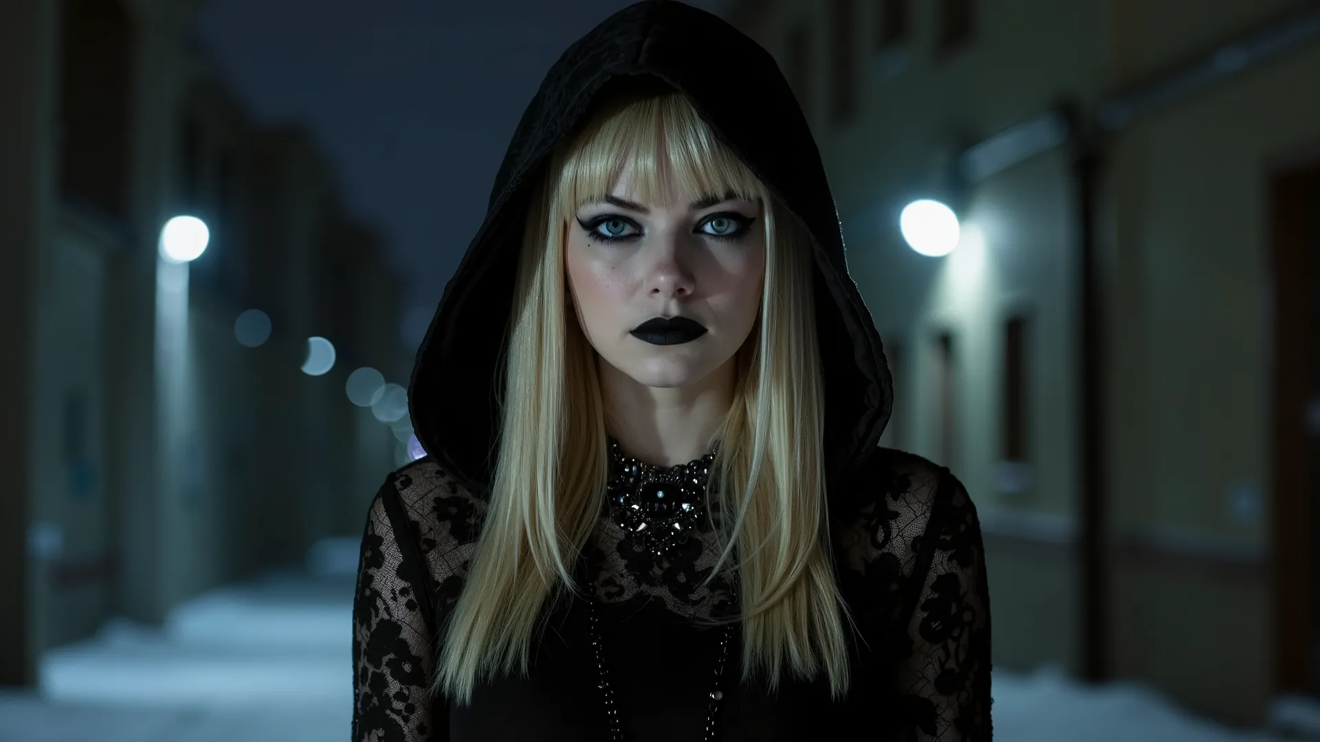 REALISTIC IMAGE, Art work, 4K, A beautiful blonde woman, perfeita, body, bright blue eye, light skin, straight hair, long hair, Black Lipstick, Big earrings, chic black dress , black lace dress , gothic style makeup, she wears a black hoodie over h...