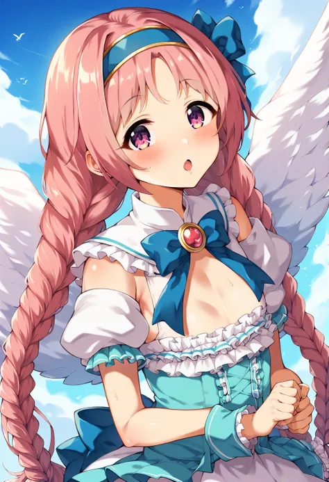 Mimi grown up、pink hair、Very long hair、 headband、twin long braids、headband, twin tails、blue ribbon、Pink Magical Girl、Kaleido Star、fly through the sky、big white wings、Angel Wings、white miniskirt、long boots、Yui Princess.frills、Angel Wings付きブーツ、goddess、boobs、(17 year old girl)、big boobs