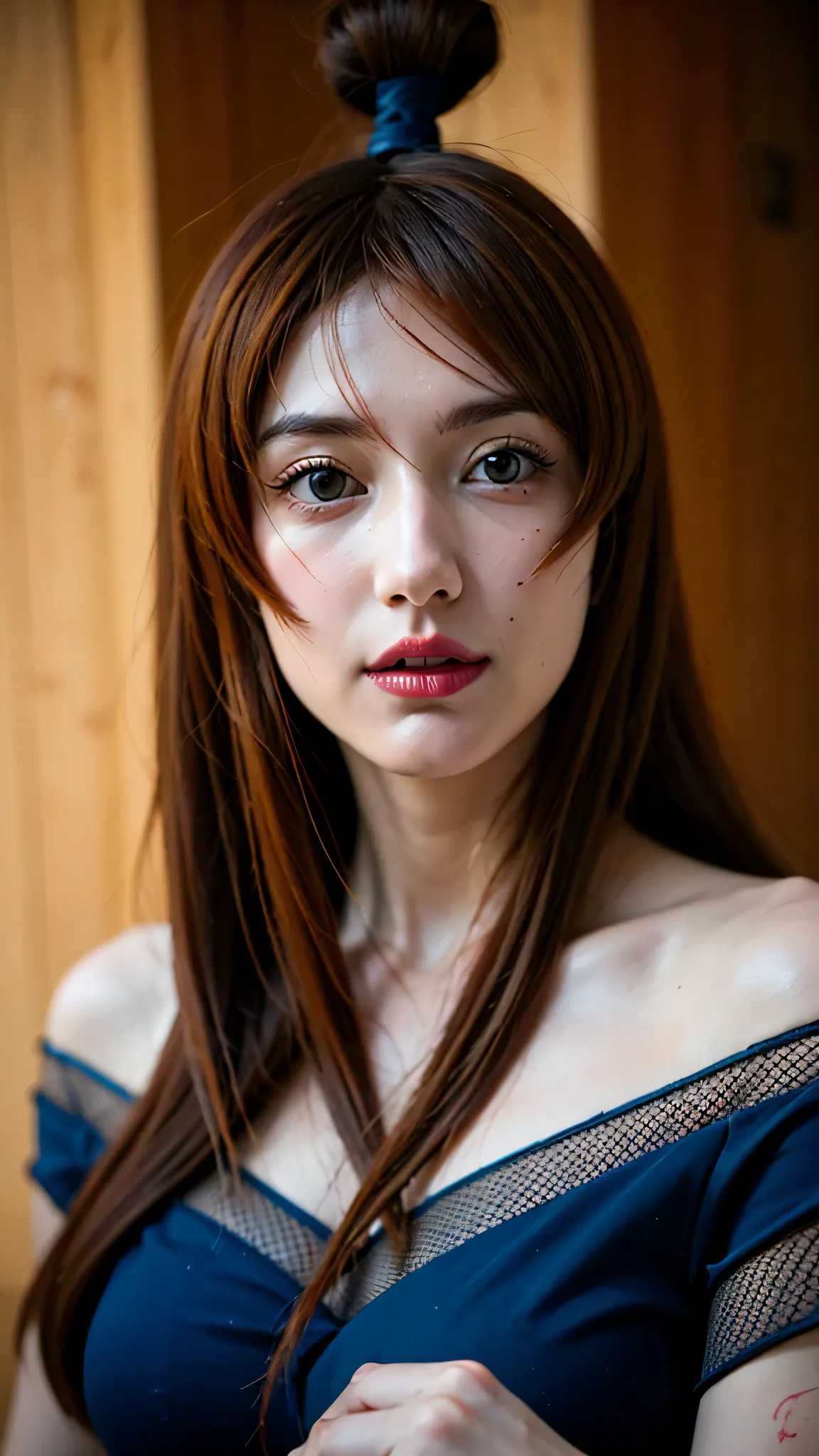 A hyper-realistic portrait of Mei Terumi from Naruto Shippuden, reimagined as a real-life woman. She has long, flowing bright orange hair and striking red eyes. Her expression is confident, elegant, and slightly mysterious. She is wearing her signature ani...