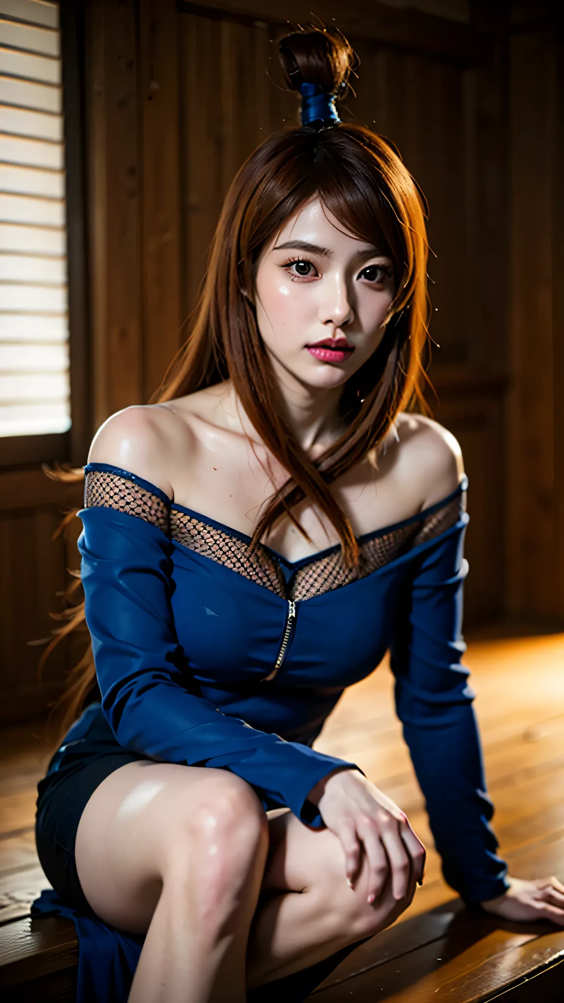 A hyper-realistic portrait of Mei Terumi from Naruto Shippuden, reimagined as a real-life woman. She has long, flowing bright orange hair and striking red eyes. Her expression is confident, elegant, and slightly mysterious. She is wearing her signature ani...