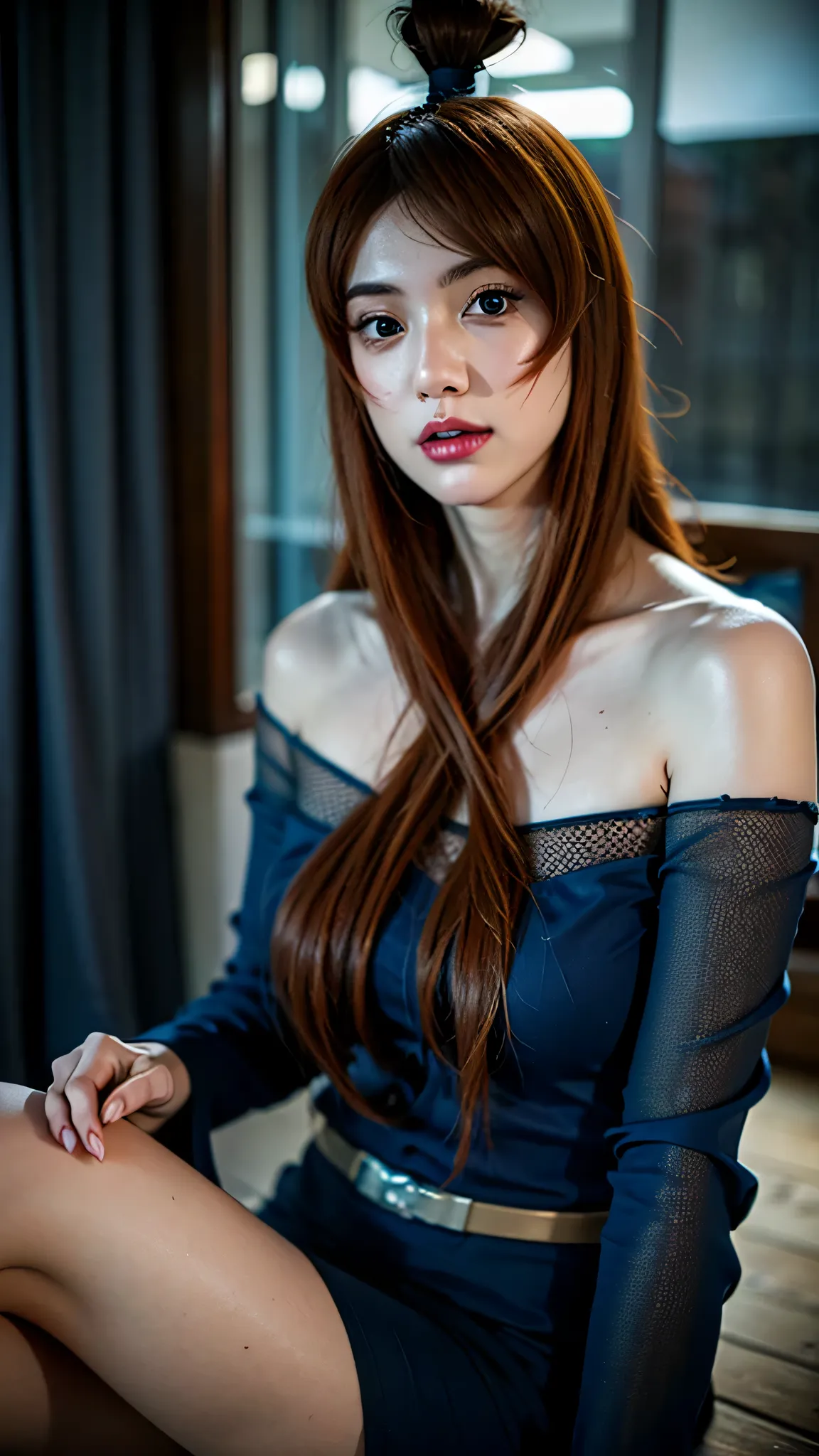 A hyper-realistic portrait of Mei Terumi from Naruto Shippuden, reimagined as a real-life woman. She has long, flowing bright orange hair and striking red eyes. Her expression is confident, elegant, and slightly mysterious. She is wearing her signature ani...