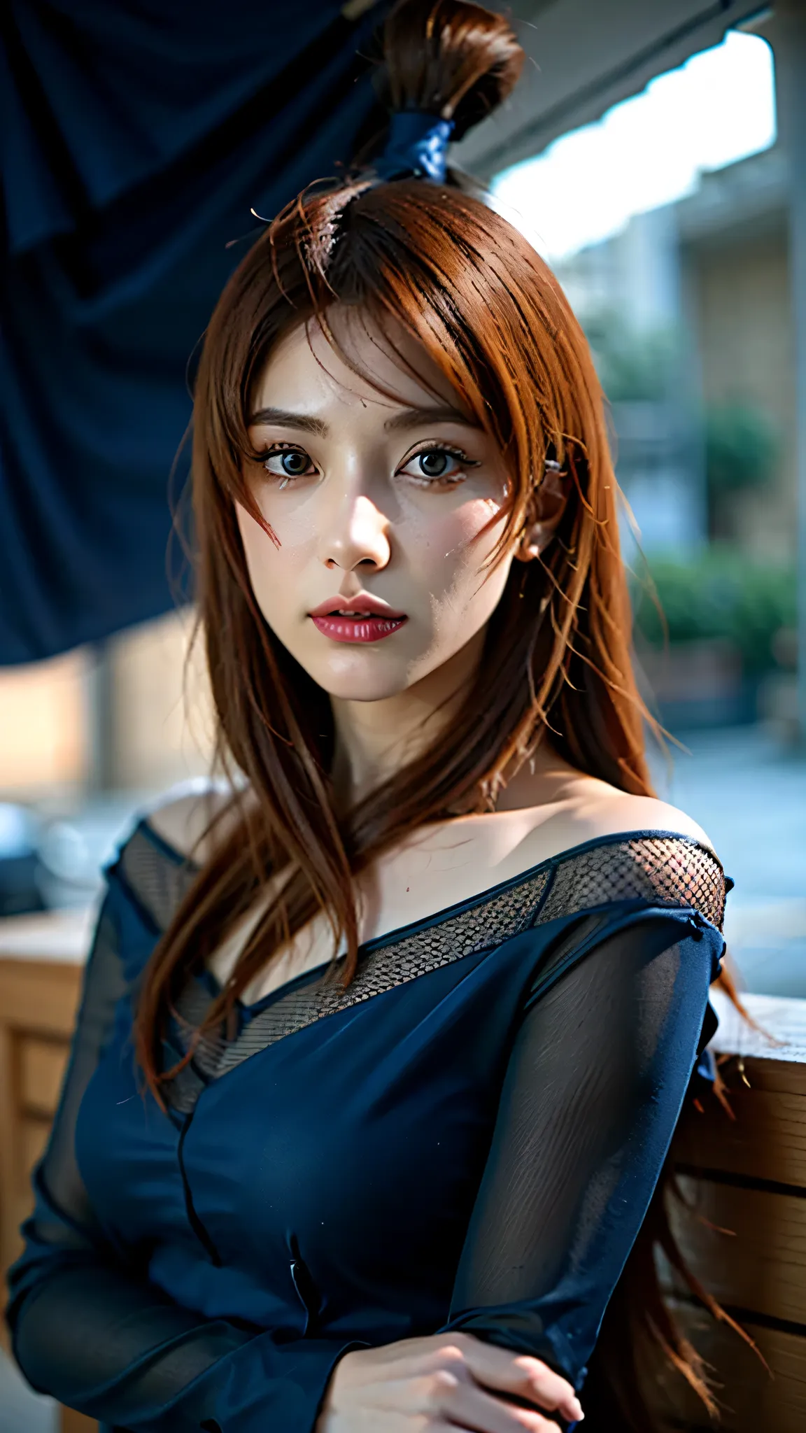 A hyper-realistic portrait of Mei Terumi from Naruto Shippuden, reimagined as a real-life woman. She has long, flowing bright orange hair and striking red eyes. Her expression is confident, elegant, and slightly mysterious. She is wearing her signature ani...