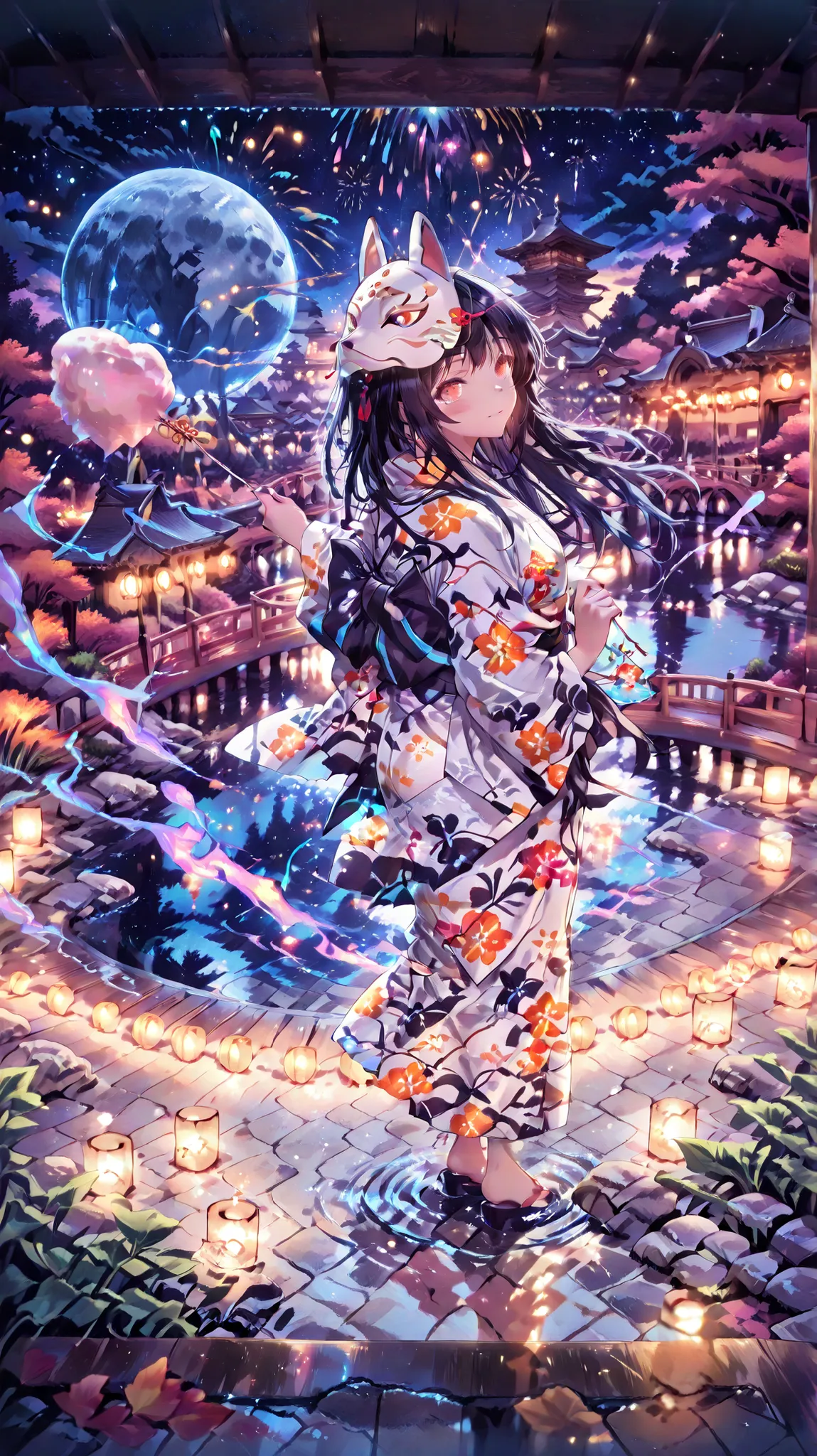 countless fireworks that sparkle in the night sky、fantastic city that shines like a dream、riverside illuminated with colorful lights、person in kimono looking up at fireworks from above a bridge々、precisely drawn buildings and reflections of light、magical at...