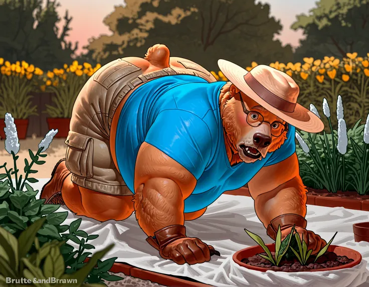 solo, semi-feral, grizzly bear, elderly male, mature, grandpa, greying facial fur, photorealistic, hyperrealistic, ultra detailed, ((by QuanJiang, by BruteandBrawn, by Taran Fiddler)), wide hips, thick thighs, fat butt, blue shirt, short sleeves, cargo sho...