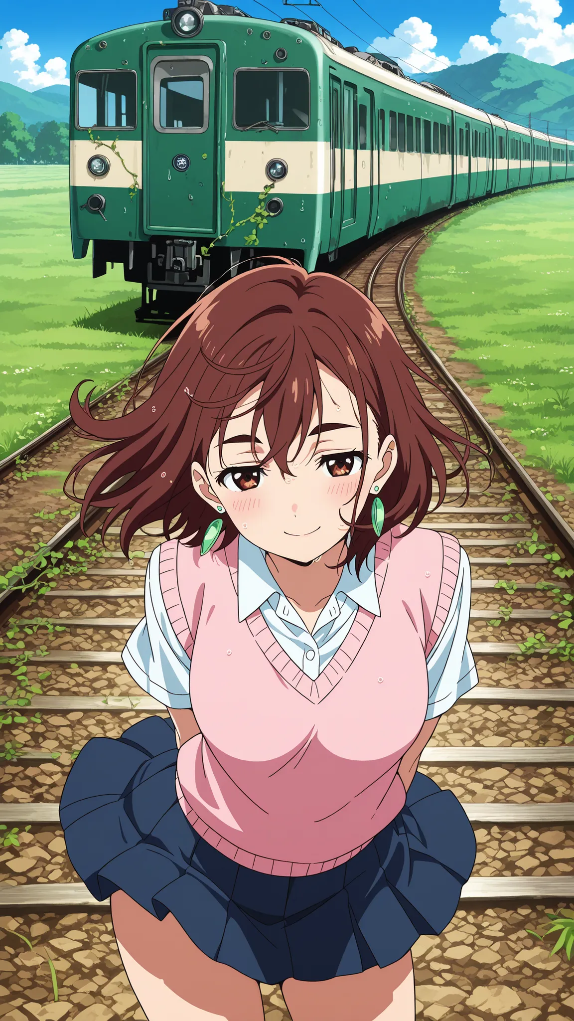 BREAK (masterpiece:1.2), best quality, high resolution, unity 8k wallpaper, (illustration:0.8), Abandoned rural train station,  
overgrown with grass and vines,  
old train car resting silently,  
blue sky with soft clouds above,  
anime background style, ...