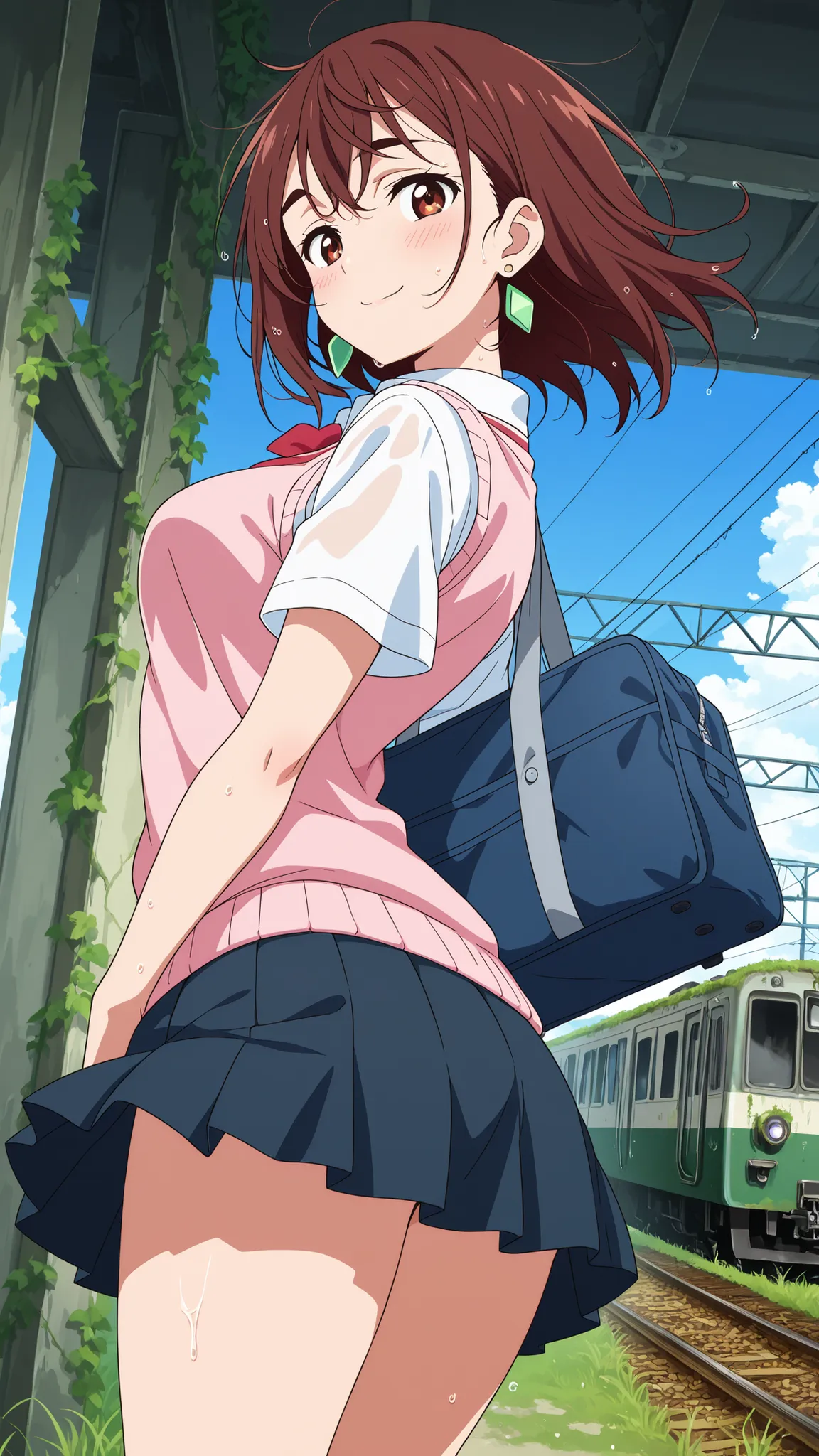 BREAK (masterpiece:1.2), best quality, high resolution, unity 8k wallpaper, (illustration:0.8), Abandoned rural train station,  
overgrown with grass and vines,  
old train car resting silently,  
blue sky with soft clouds above,  
anime background style, ...