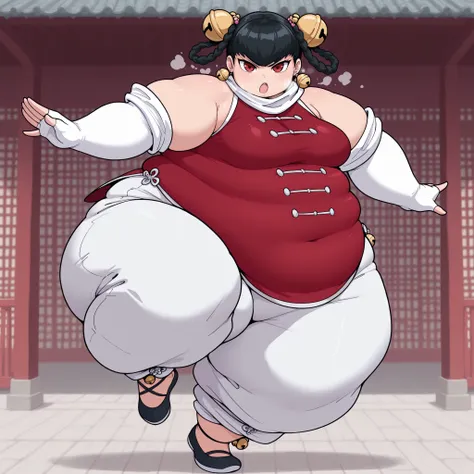 masterpiece, best quality, 1girl, solo,  opmll, black hair, short hair, hair rings, twin braids, red eyes, hair bell, earrings, white scarf, red shirt, sleeveless shirt, detached sleeves, elbow gloves, fingerless gloves, white pants, baggy pants, medium br...