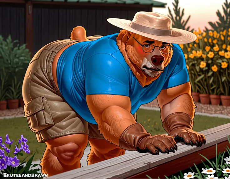 solo, semi-feral, grizzly bear, elderly male, mature, grandpa, greying facial fur, photorealistic, hyperrealistic, ultra detailed, ((by QuanJiang, by BruteandBrawn, by Taran Fiddler)), wide hips, thick thighs, fat butt, blue shirt, short sleeves, cargo sho...