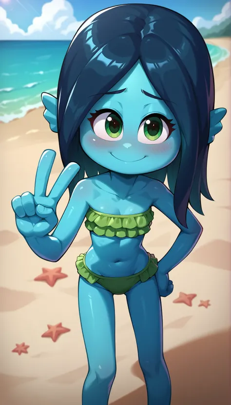 score_9, score_8_up, score_7_up, 1girl, solo, Ruby Gillman, monster girl, deep blue hair, green eyes, half close eyes, blue skin, four fingers, ((green bundeau strapless frilly bikini)), naughty expression, shiny skin, outdoors, uperbody, cute, oily skin, ...