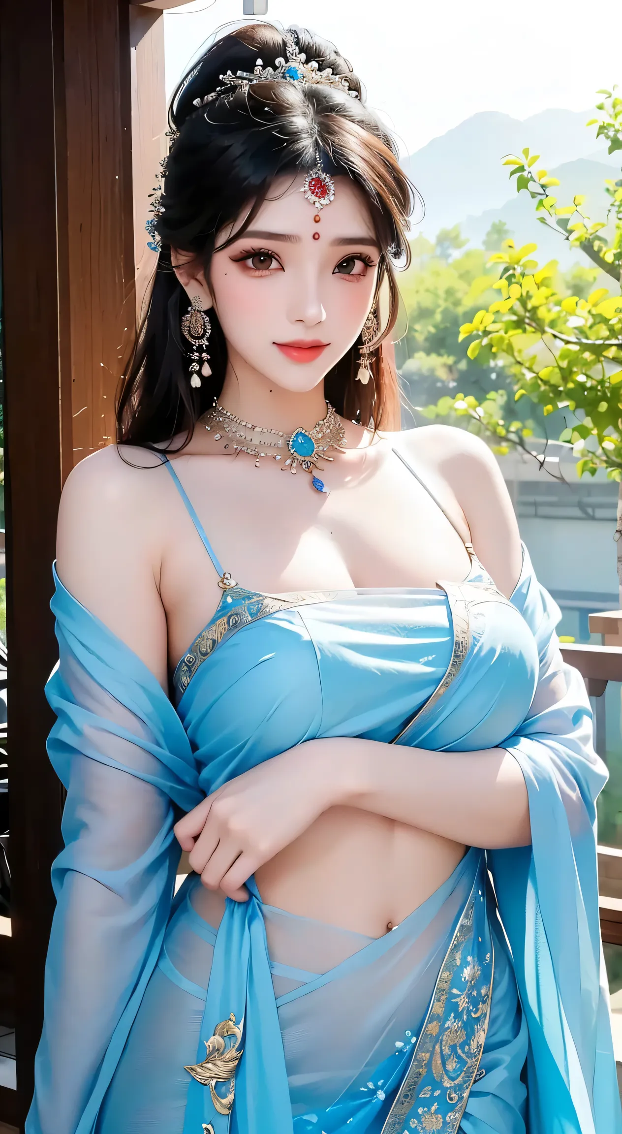 1girl, cute face,pretty face, jaw dropping beauty, cute smile, indian girl, ((indian mythology dress)),((indian mythology girl)), cute indian girl, bindi, ((beautiful bindi)), ((beautiful shiny accessories)), accessories, pony tail,((sanskari dress)), ((pu...