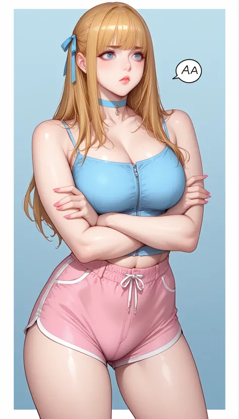 (PONY XL) Liya - FITNESS [ MANHWA], gorgeous pretty adult woman with orange-blonde long hair, forehead hair bangs, big blue eyes, fair natural skin, pink nails, small yet slightly plump breasts, small waist, plump light-red lips, and a perfect slender body...