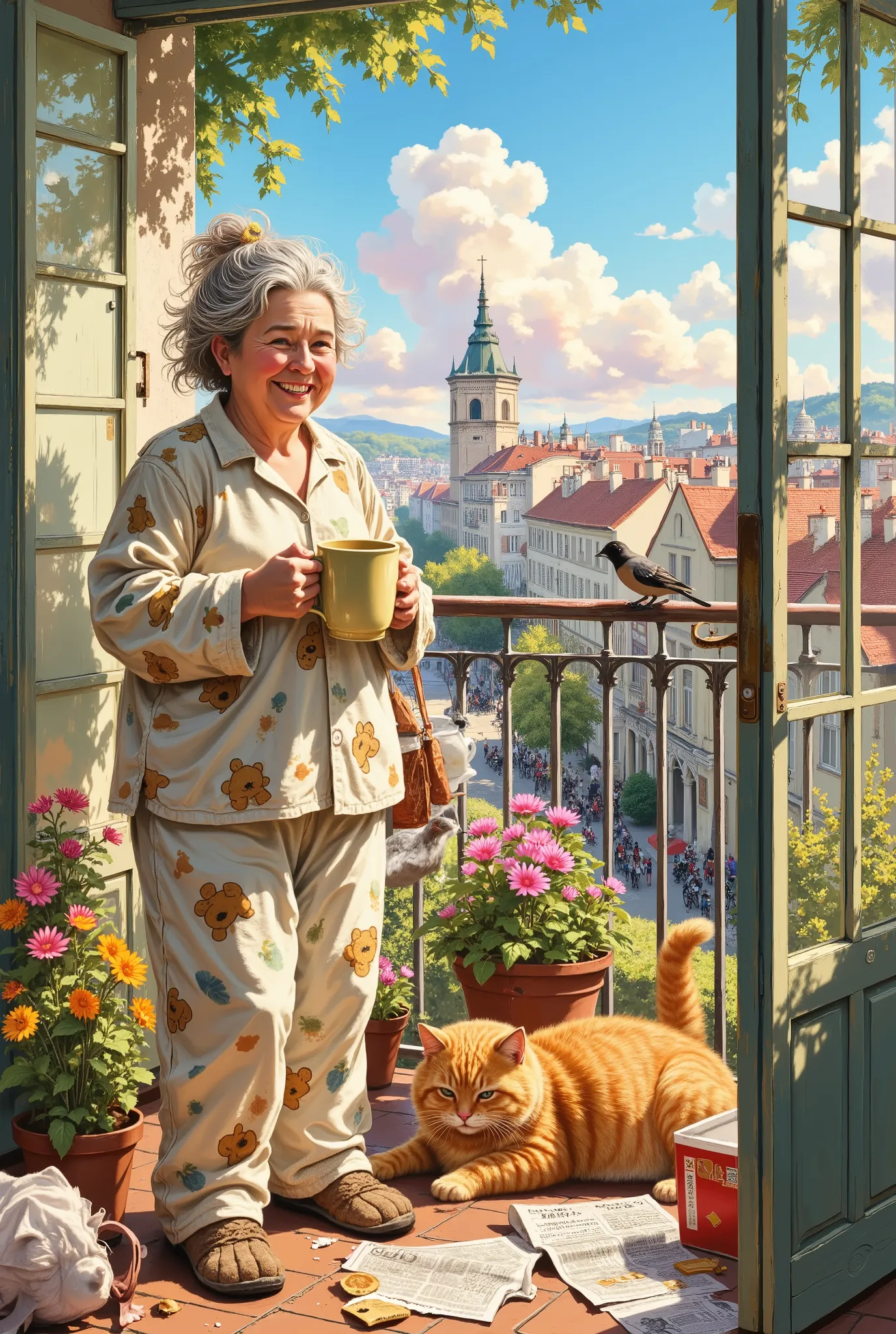 Bright, detailed anime with soft lines, warm color palette and light comedic charisma. A plump little old lady with a beaming smile has just woken up, her gray hair sticking out in all directions, and she is carefully holding a large mug of steaming coffee...