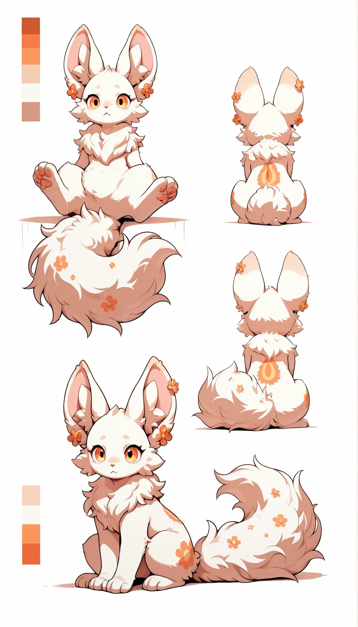 Non-human, pure white fur, empty imagination creatures, orange eyes, fluffy,big ears,One small orange flower earrings on the ear, a floral patterned fur on the stomachThe whole body, the tail is hidden behind the back, a large fluffy tail Reference materia...