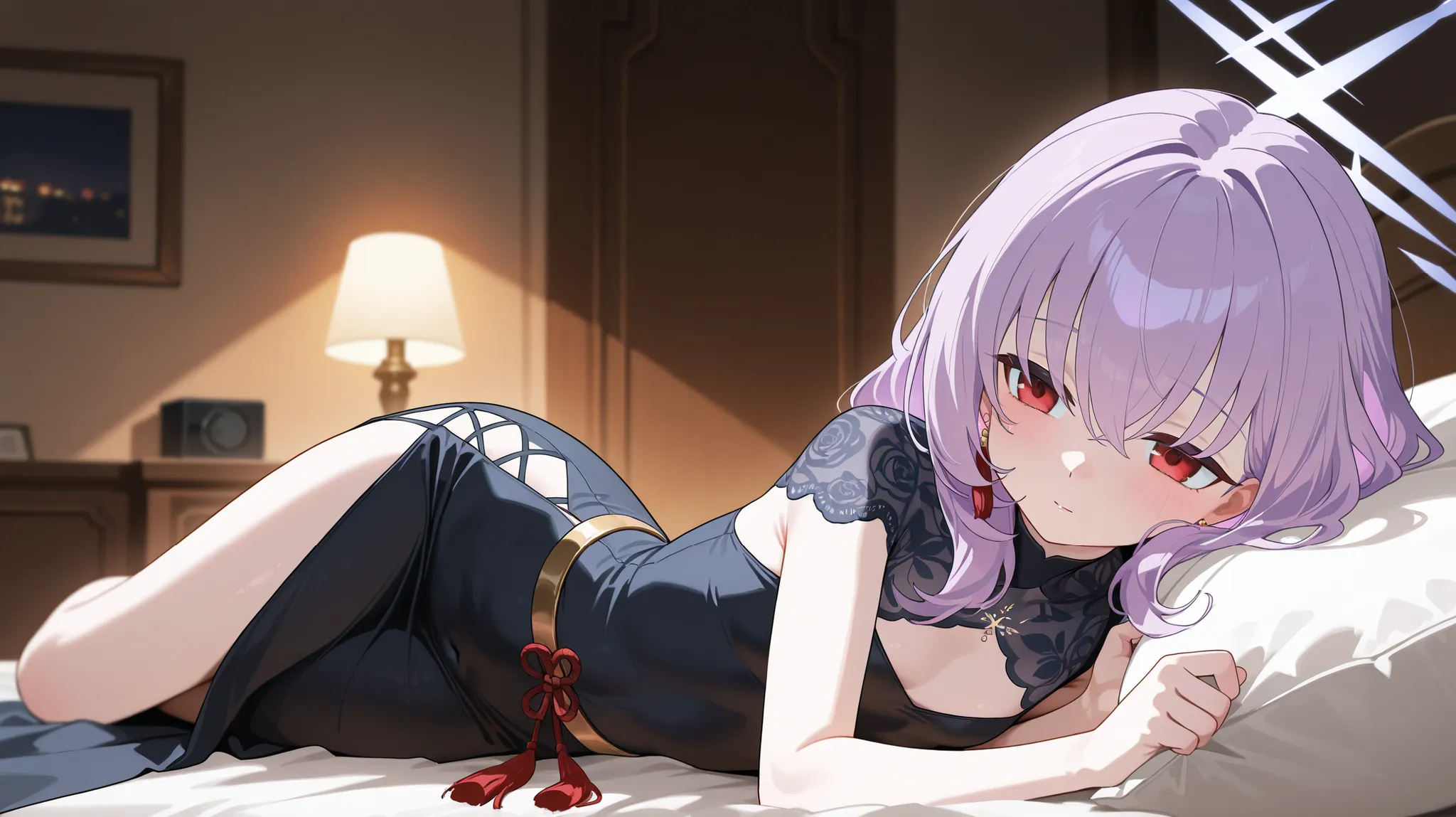 atsuko (blue archive), mature, long wavy purple hair, red eyes, halo, lying on a luxurious bed, elegant black dress with a high side slit, golden embroidery, wide golden waist belt with red tassel, **small breasts, B-cup, flat chest**, subtle cleavage, red...